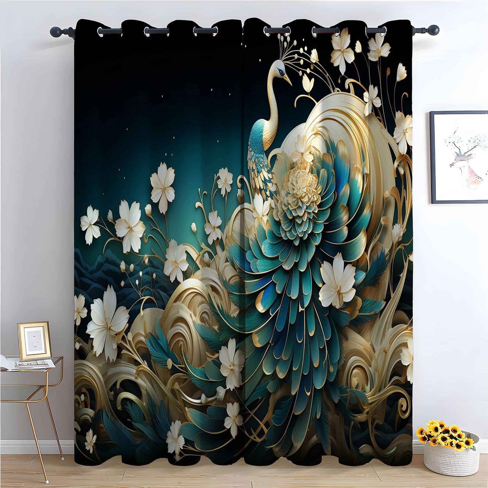 TERUEA Polyester Fabric Curtains Peacock teal feather white blossom Curtains Botanical Thermal Insulated Noise Reducing Drapes Window Treatment-52 W x 90" L (Pack of 2)