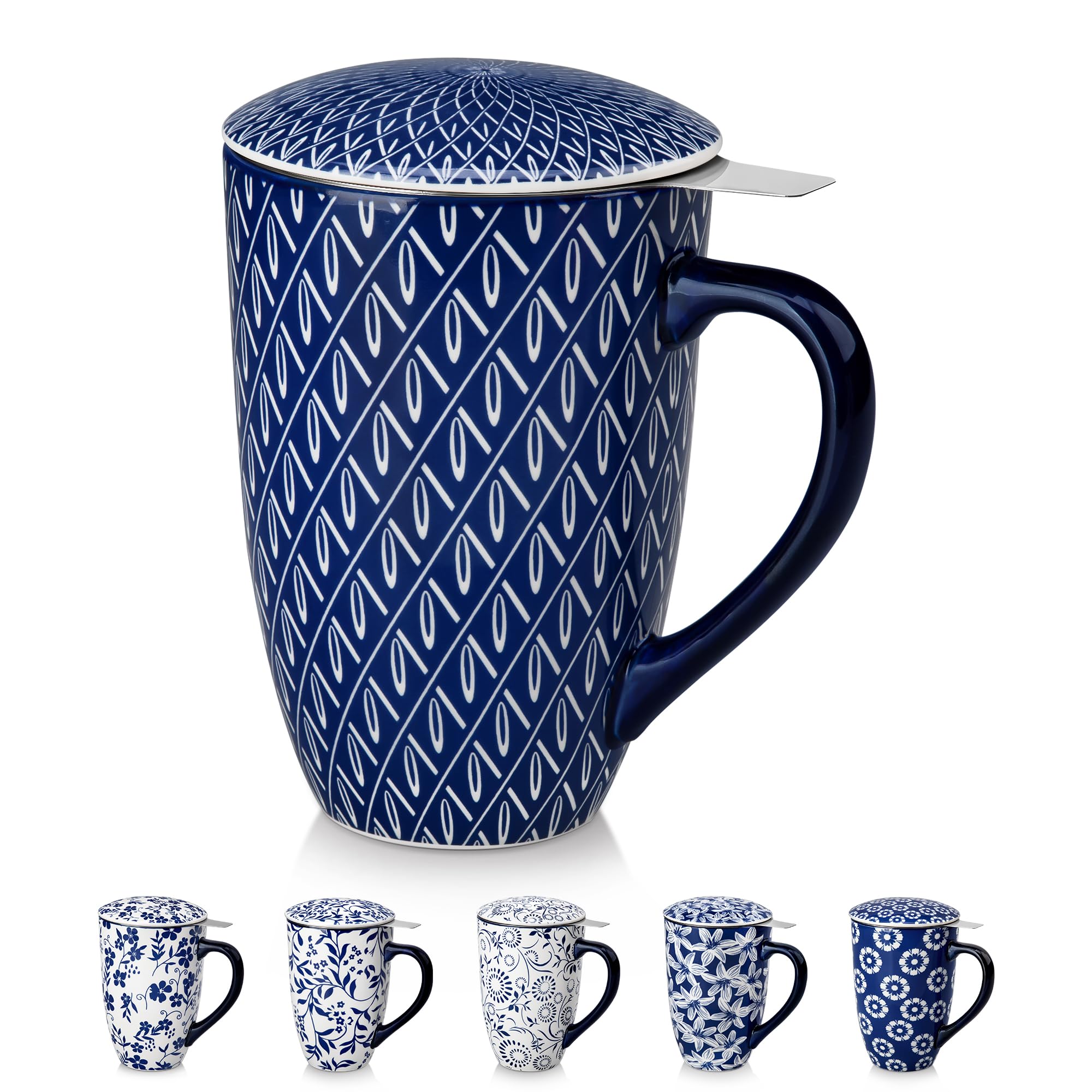 vancasso SELENE Porcelain Tea Mug, 18 oz Porcelain Tea Cup with Infuser and Lid Steeps Loose Leaf Tea, Microwave &amp; Dishwasher Safe, Geometric Weave