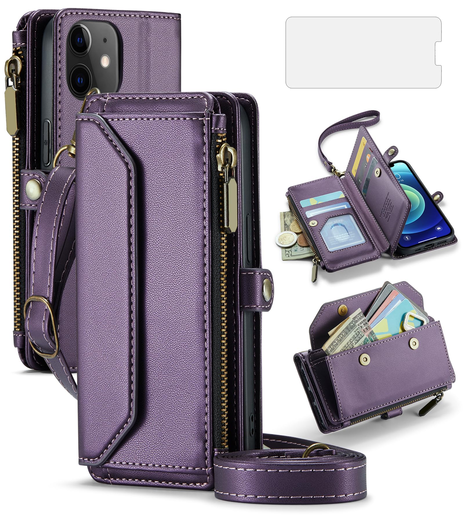 Asuwish Phone Case for iPhone 12 Mini 5.4 Zipper Wallet Cover with Tempered Glass Screen Protector and Flip RFID Blocking Cash Card Holder Cell