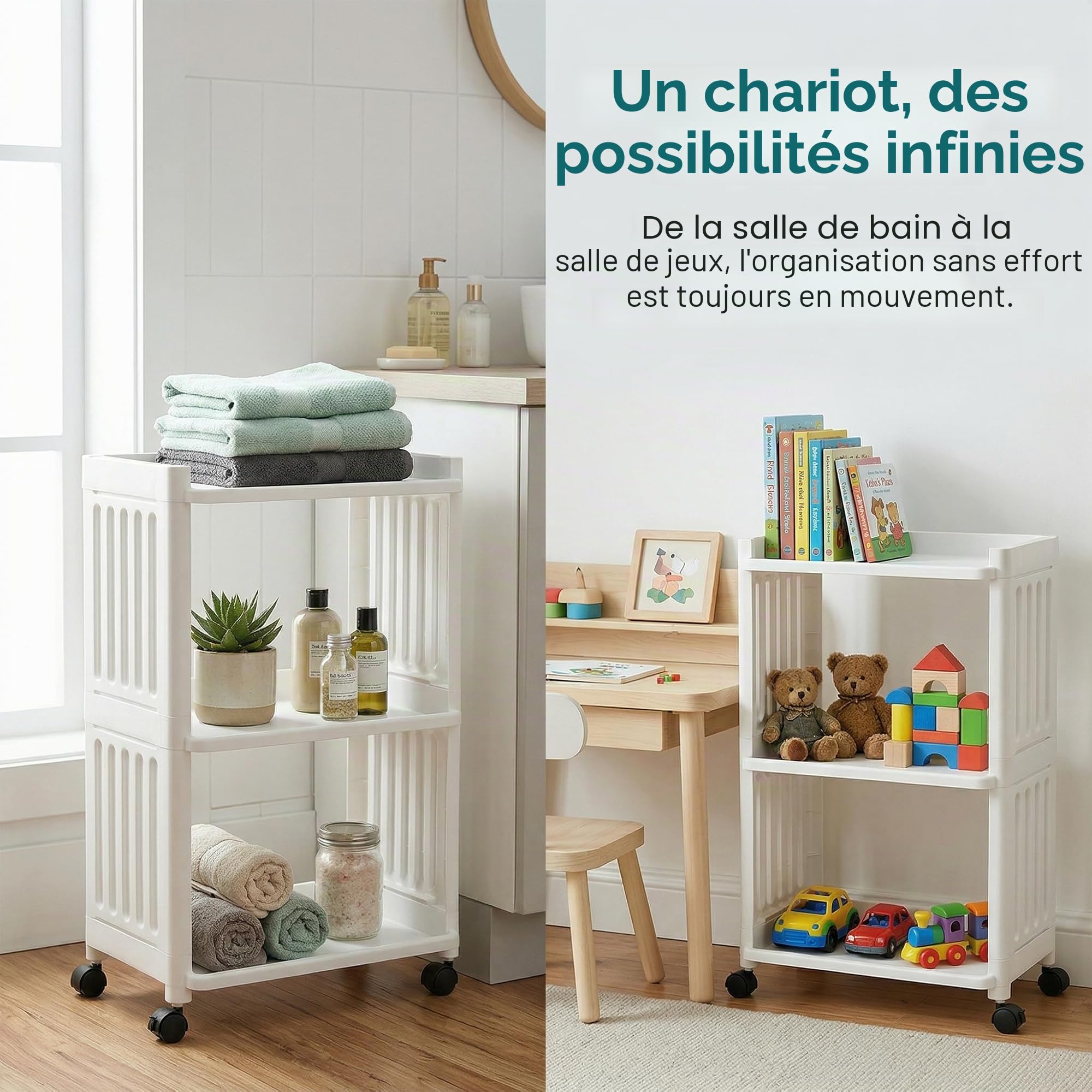Chariot de bricolage Étagère à roulettes étroite Chariot de rangement en plastique à 3 étages avec 4 roues Chariot de salle de bain Cuisine Étagère de salle de bain pour salon Bureau Chariot