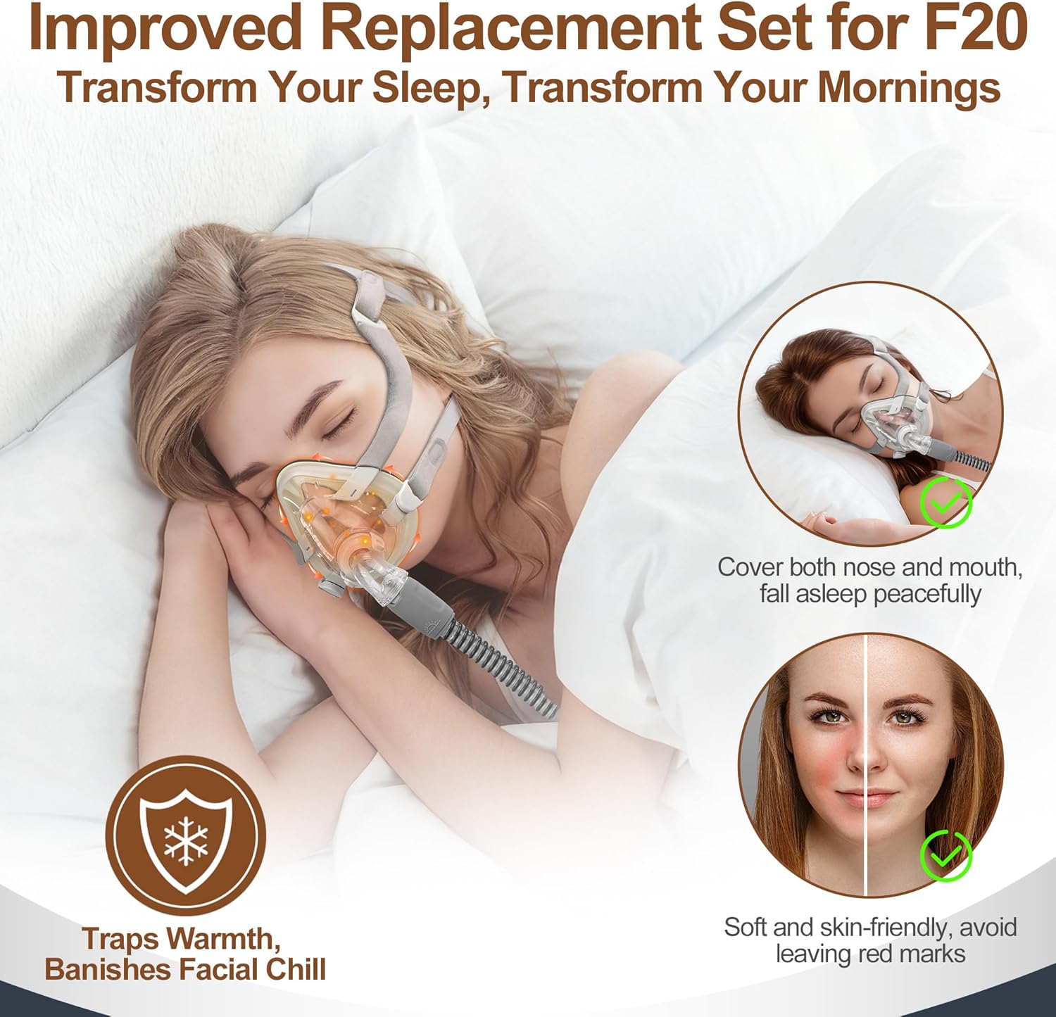 Upgraded Set for Airfit F20 & Airtouch F20 Medium, Includes Soft & Warm Mask Cushion (3-in-1 Hybrid), Durable Frame, Head Strap, Magnetic Clips, Easy to Use CPAP Supplies, Brown, No Elbow - Image 4