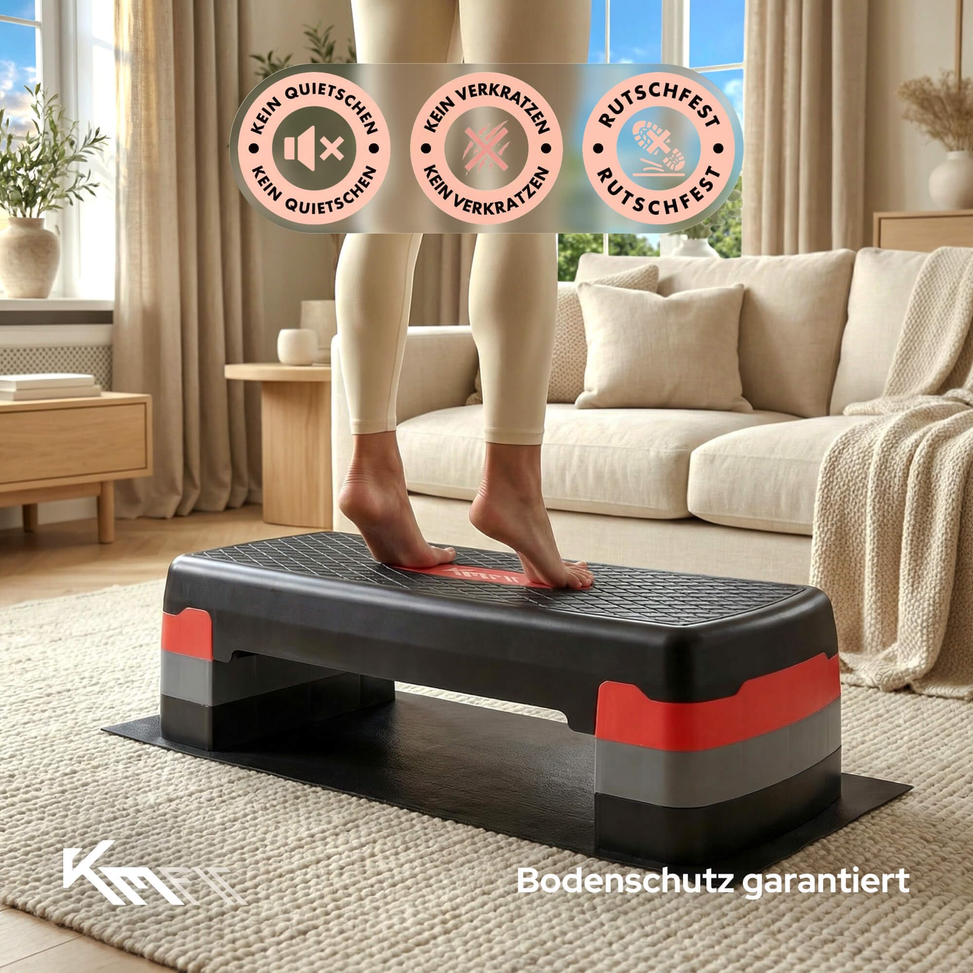 KM-Fit Fitness Stepper | Steppbrett Aerobic Stepper für zuhause | Step-Bench 3-fach höhenverstellbar | Belastbarkeit bis 200 kg | Gymnastik Home-Stepper mit Anti-Rutsch-Matte | Aerobic Steppbank