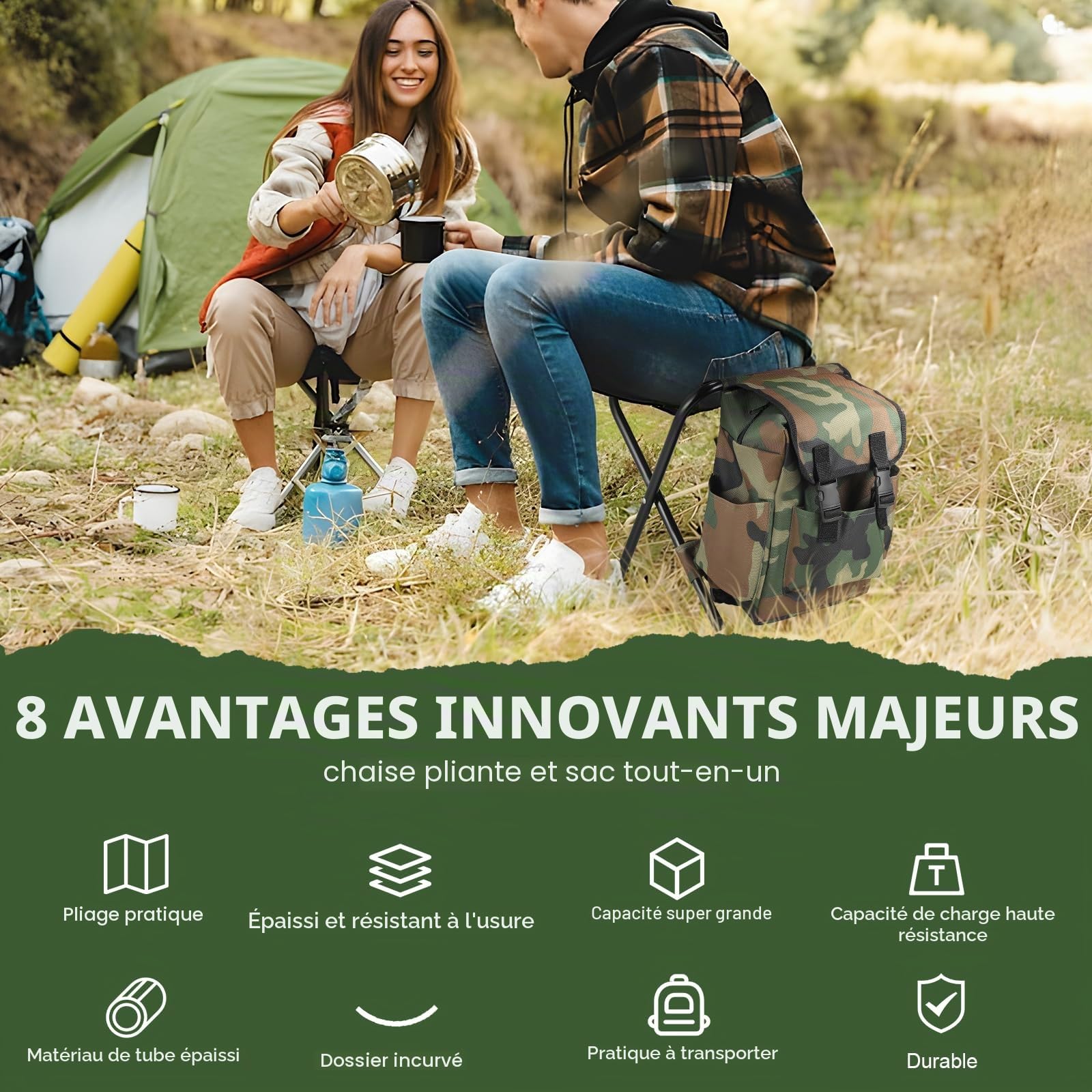 Chaise Pliante Camping Sac à Dos Imperméable - Siège Portable 100kg pour Pêche, Randonnée avec Design Stable (Camouflage)