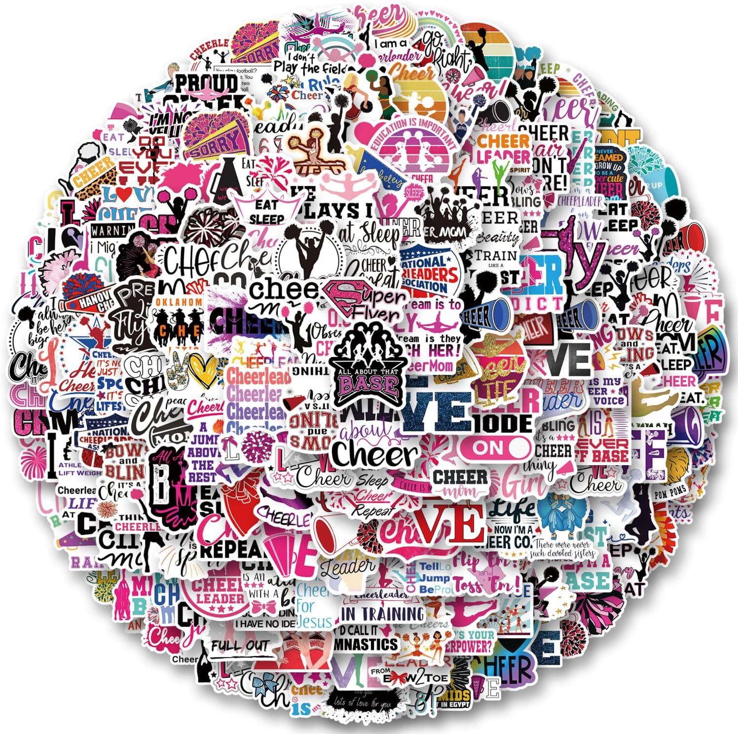 200Pcs Cheer Stickers,GJMDKPL for Girls, Cheerleading Stickers Bulk, Pink Cheer Stuff Party Favors Water Bottles Laptop Computer Luggage Cup