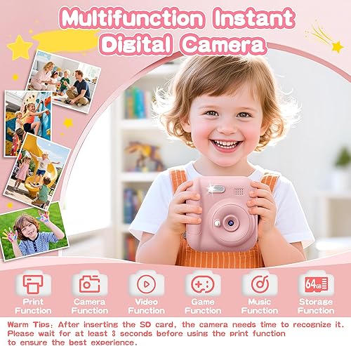 Miniatura 2 de Impresión instantánea de cámara para niños, juguetes para niños, regalos de cumpleaños de Navidad para niñas y niños, cámara digital portátil de 64