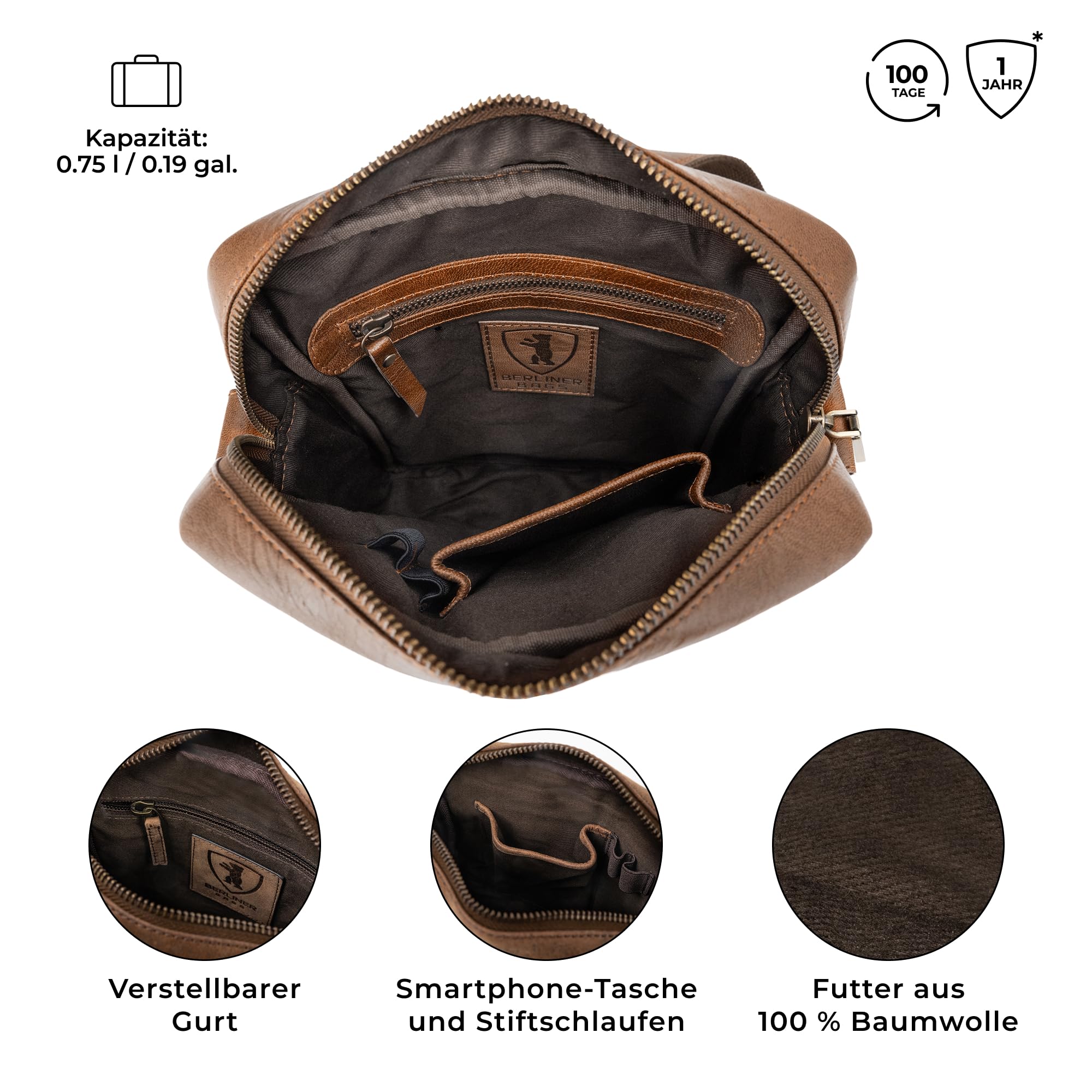 Berliner Bags Vintage Umhängetasche Tom, Schultertasche aus Leder, Männerhandtasche und Crossbody für Herren