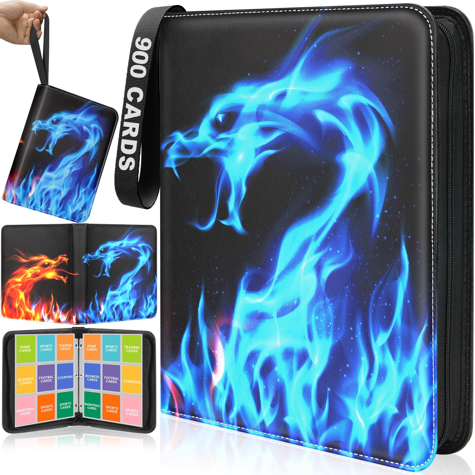 9-Pocket Trading Card Binder, 900-Card Capacity, 50 Sleeves, Yellow and Blue
