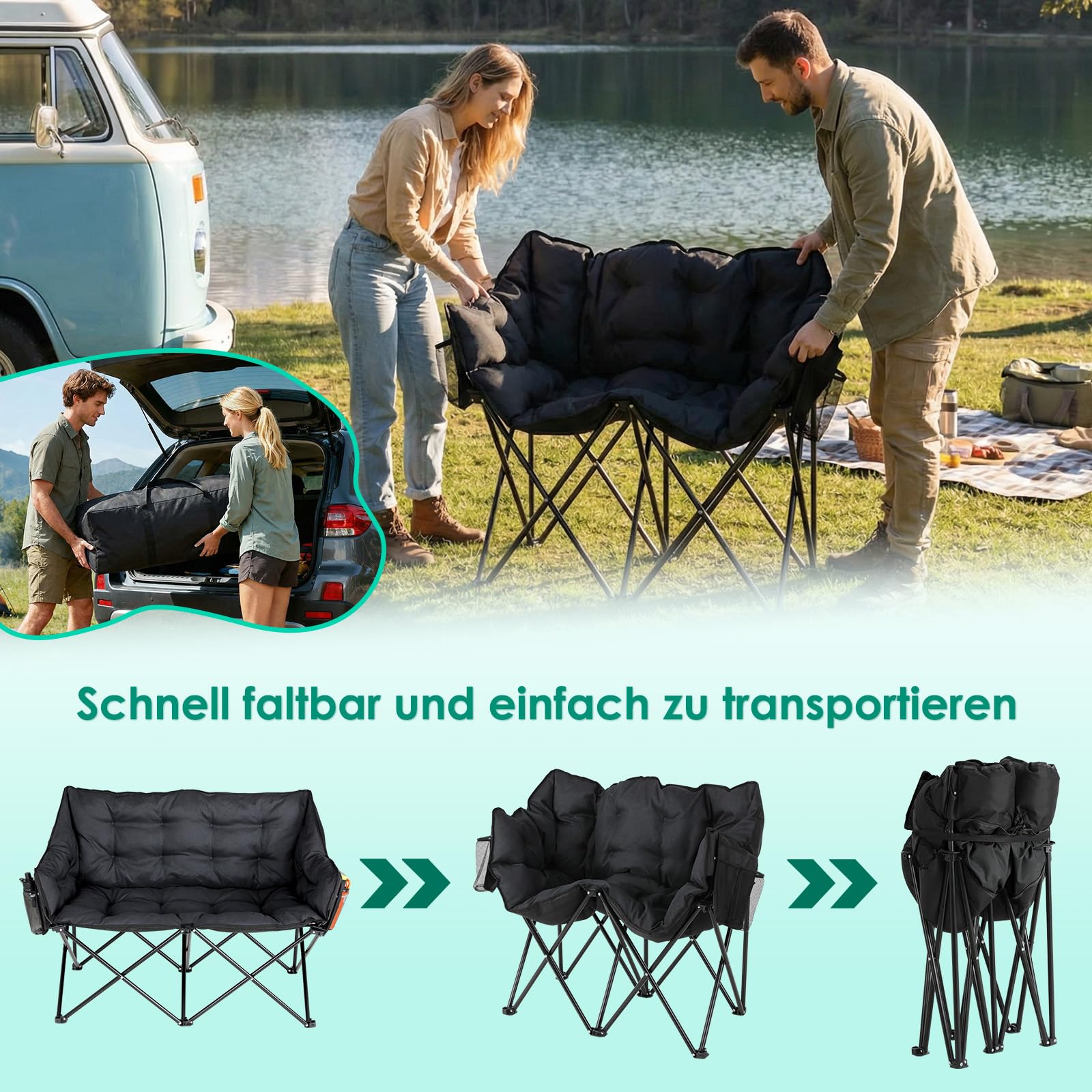 LIFERUN Sedia da Campeggio per 2 Persone, Divano da Campeggio Doppia 320KG, Sedia da Campo Portatile, con Tasca Laterale e posteriore, borsa per il trasporto, per Giardino, Spiaggia, Pesca, Nero