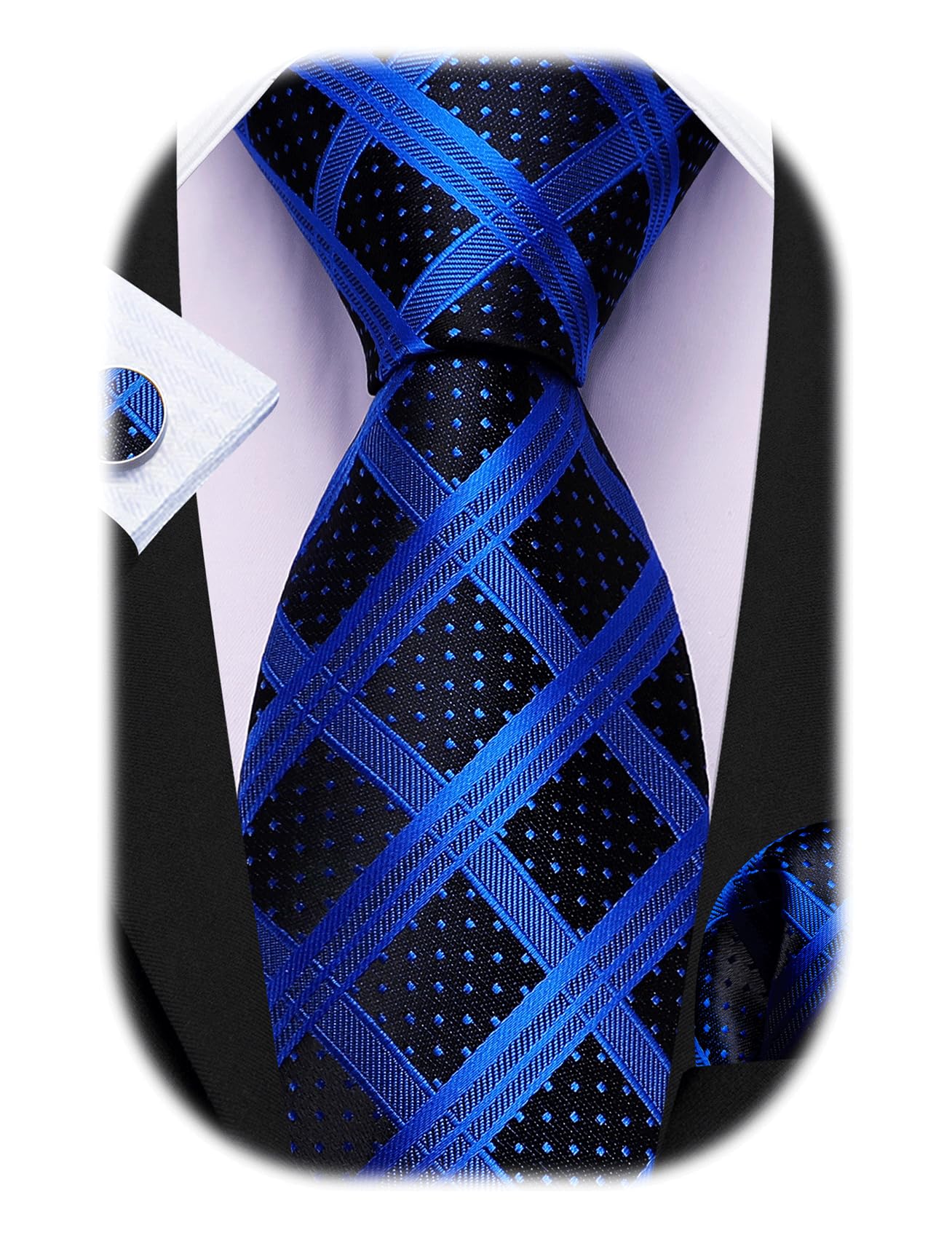 Barry.Wang Plaid Ties Check Mens Necktie Set with Handkerchief Cufflinks Classic Stripe, B-royal Blue