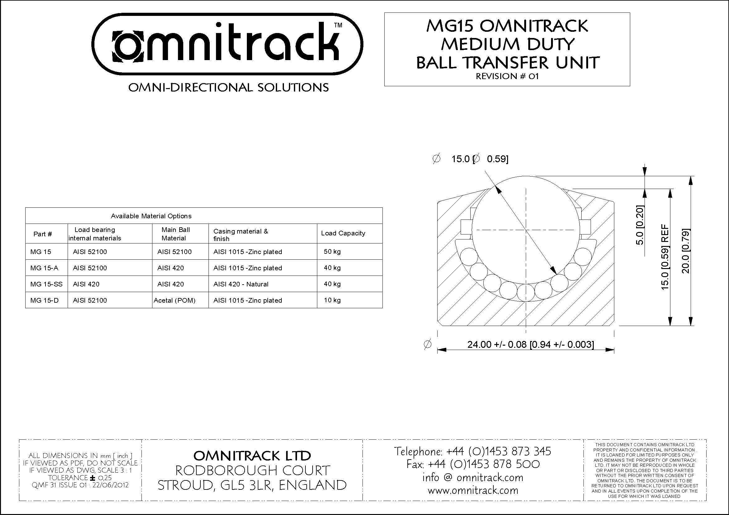 MG15 Omnitrack Plain Fitting Medium Duty Ball Transfer Unit 5/8'' Ball with AISI52100 Chrome Steel Balls