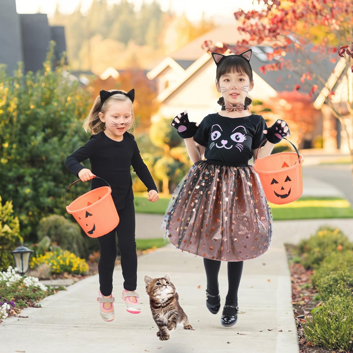 Halloween Black Cat Costume for Girls with Pink Tutus, Cat Ears Headband and Tail, Bow Collar - Image 6
