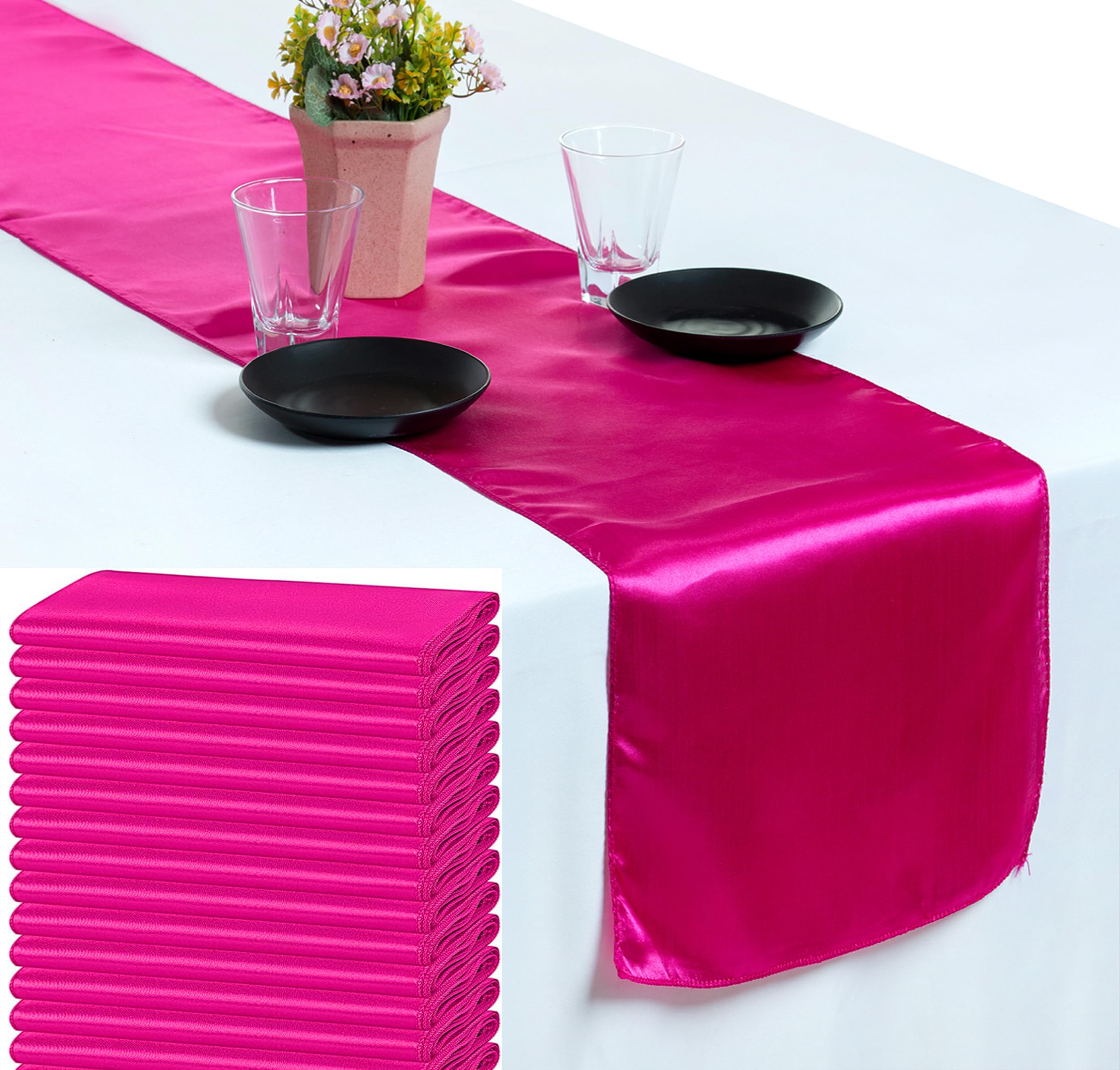 VDS Pack of 15 Satin Table Runners for Wedding & Party Décor 12” x 108”, Smooth Glossy Sateen Fabric Runner, Dining Table Decoration for Reception Banquet & Events Hotel Restaurant - Magenta