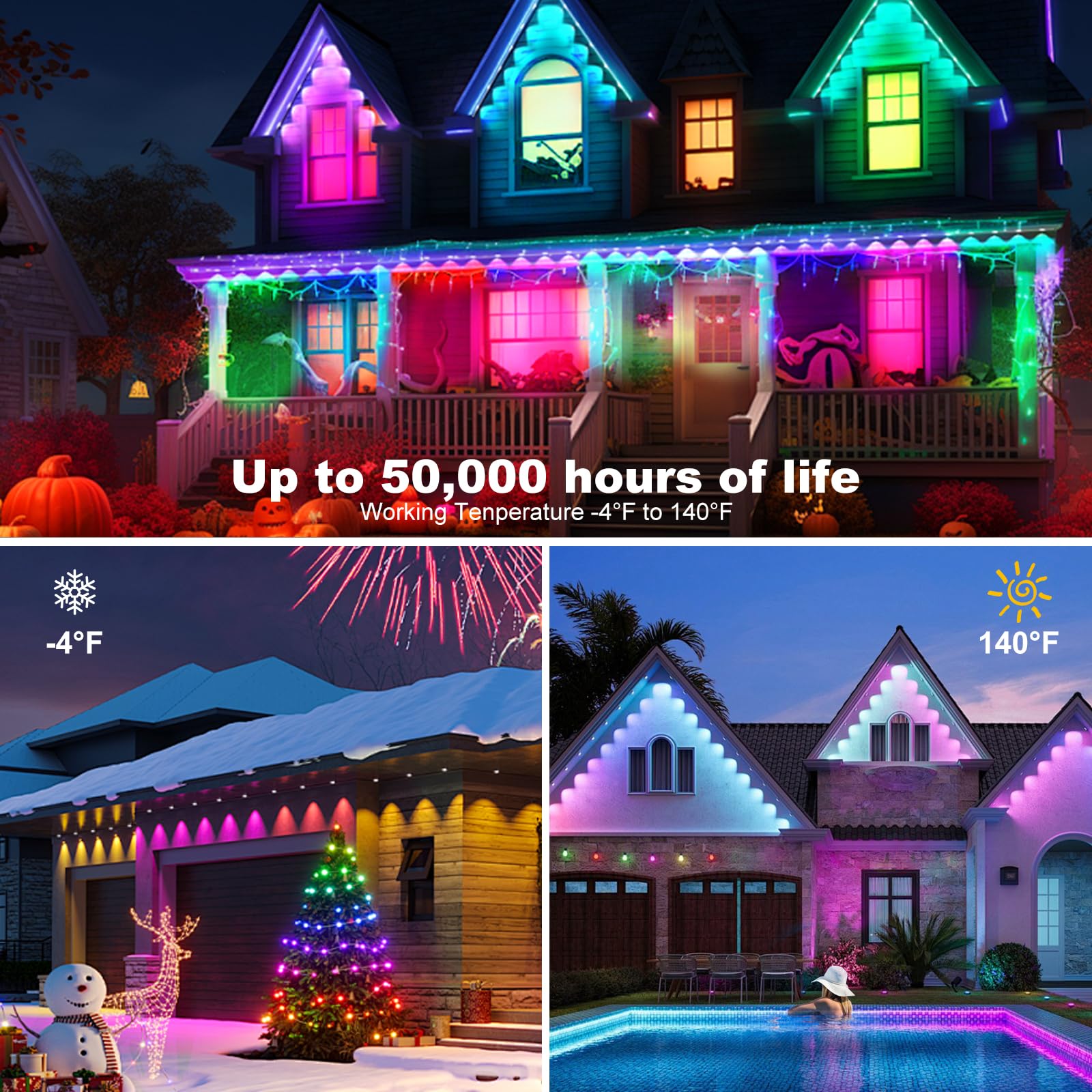 TSOCOS 100ft Smart Outdoor LED Lights With Remote, IP65 Waterproof String Lights, RGB Eaves for Halloween Christmas Decorations - Image 3