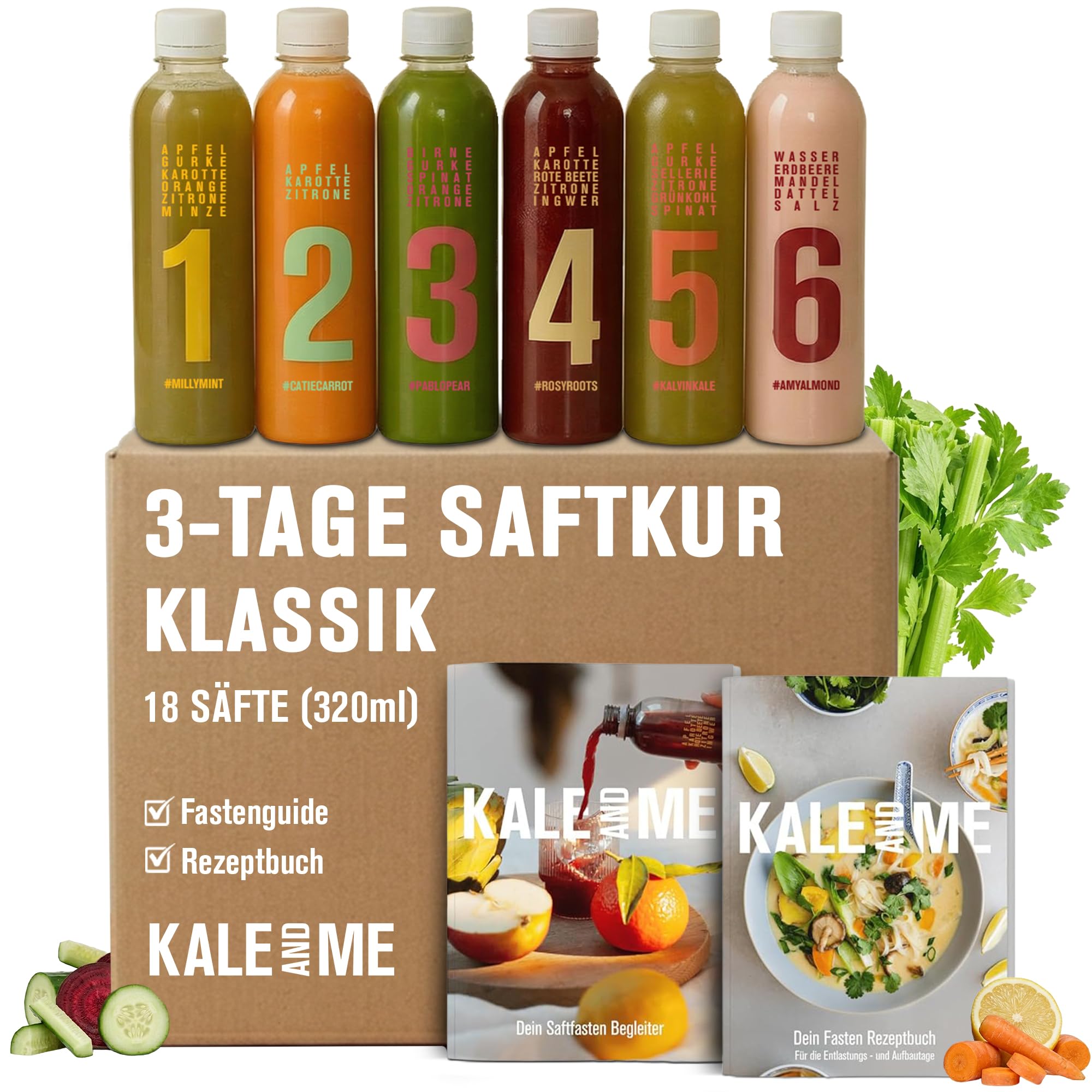 Kale&Me Saftkur Klassik 3 Tage – 18 nummerierte Flaschen mit je 320 ml – 6 verschiedene kaltgepresste Säfte – vegan, ohne Zusatz- & Konservierungsstoffe – 689 kcal pro Tag – mit Kurguide