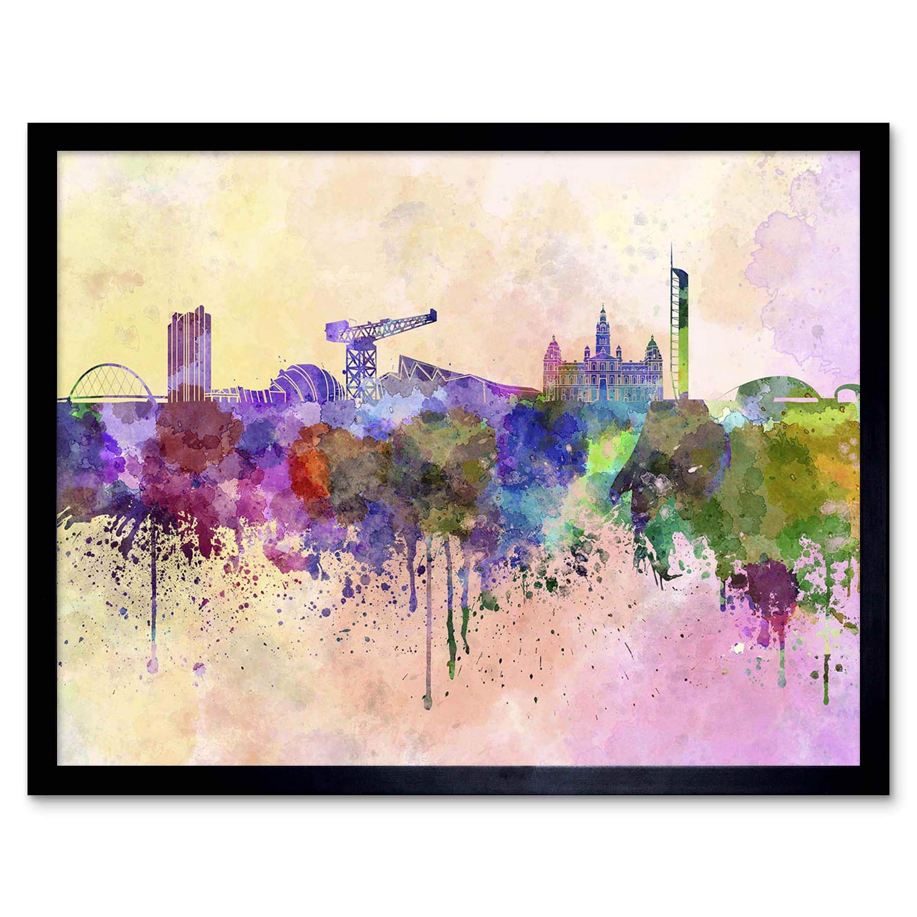 Wee Blue Coo Painting Illustration Cityscape Paint Splash Skyline Glasgow Art Print Framed Poster Wall Decor 12X16 Inch