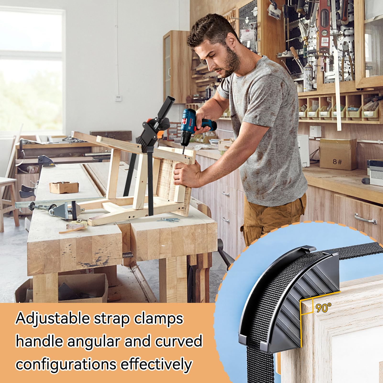4 packs Sangle Pince, 6M Cadre d'image réglable Band de sangle d'angle avec 4 griffes d'angle pour armoires et tiroirs
