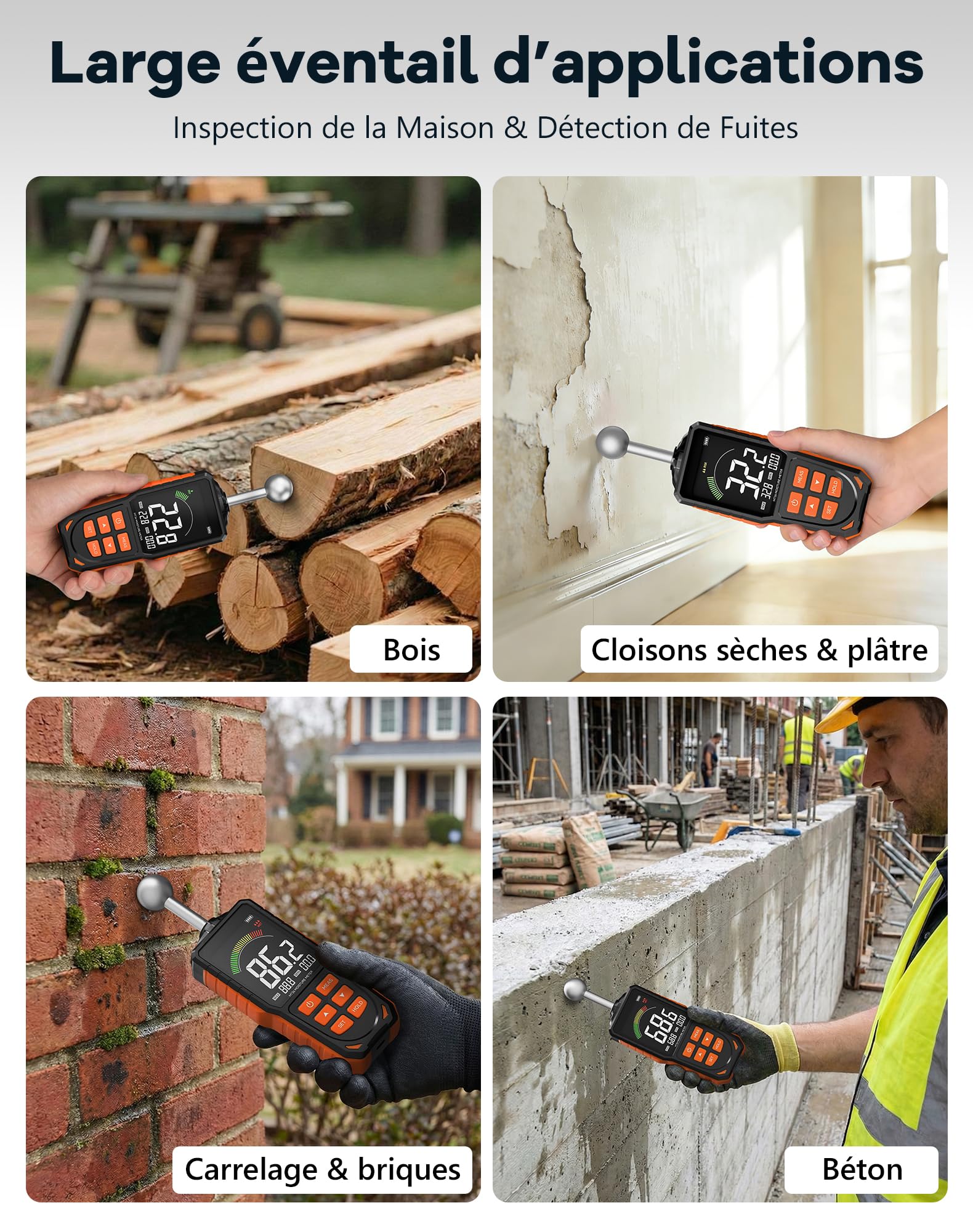Humidimètre Mural avec Sonde Sphérique, Écran LCD Rétroéclairé, Alarme, Rechargeable USB, Profondeur 5-40 mm pour Bois, Murs et Béton