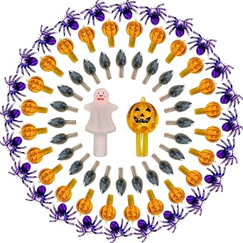 117pcs Halloween Ceramic Tree Replacement Lights Bulbs, Including Spider/Pumpkin Head/Grey Flame & 2pcs Themed Tree Tops Including Ghost/Pumpkin King for Decorating Holiday Trees, Etc.