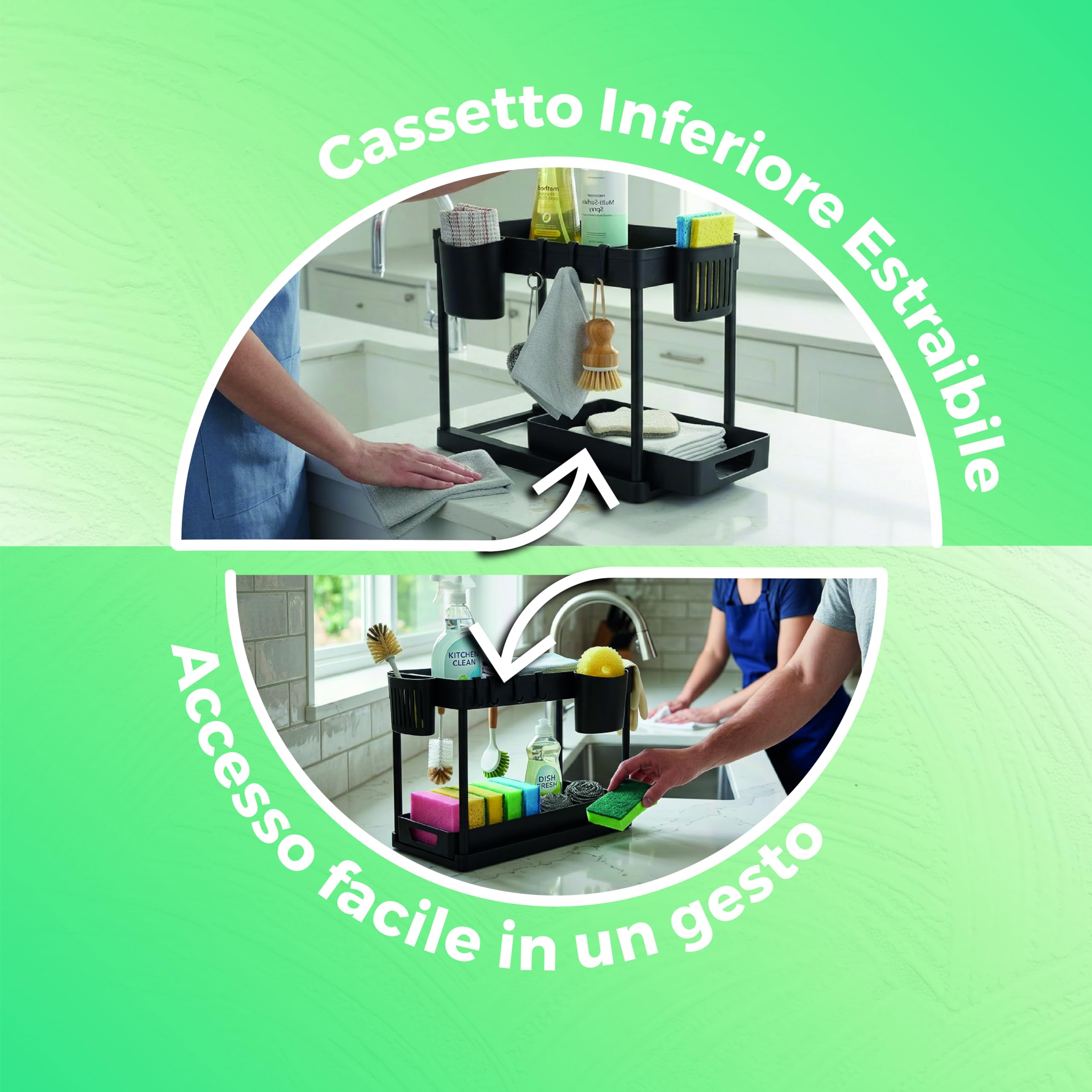 Generico Organizer Sottolavello Cucina a 2 Ripiani con Cestelli e Ganci – Porta Detergenti e Accessori Salvaspazio per Bagno e Cucina – Struttura Stabile, Facile da Montare