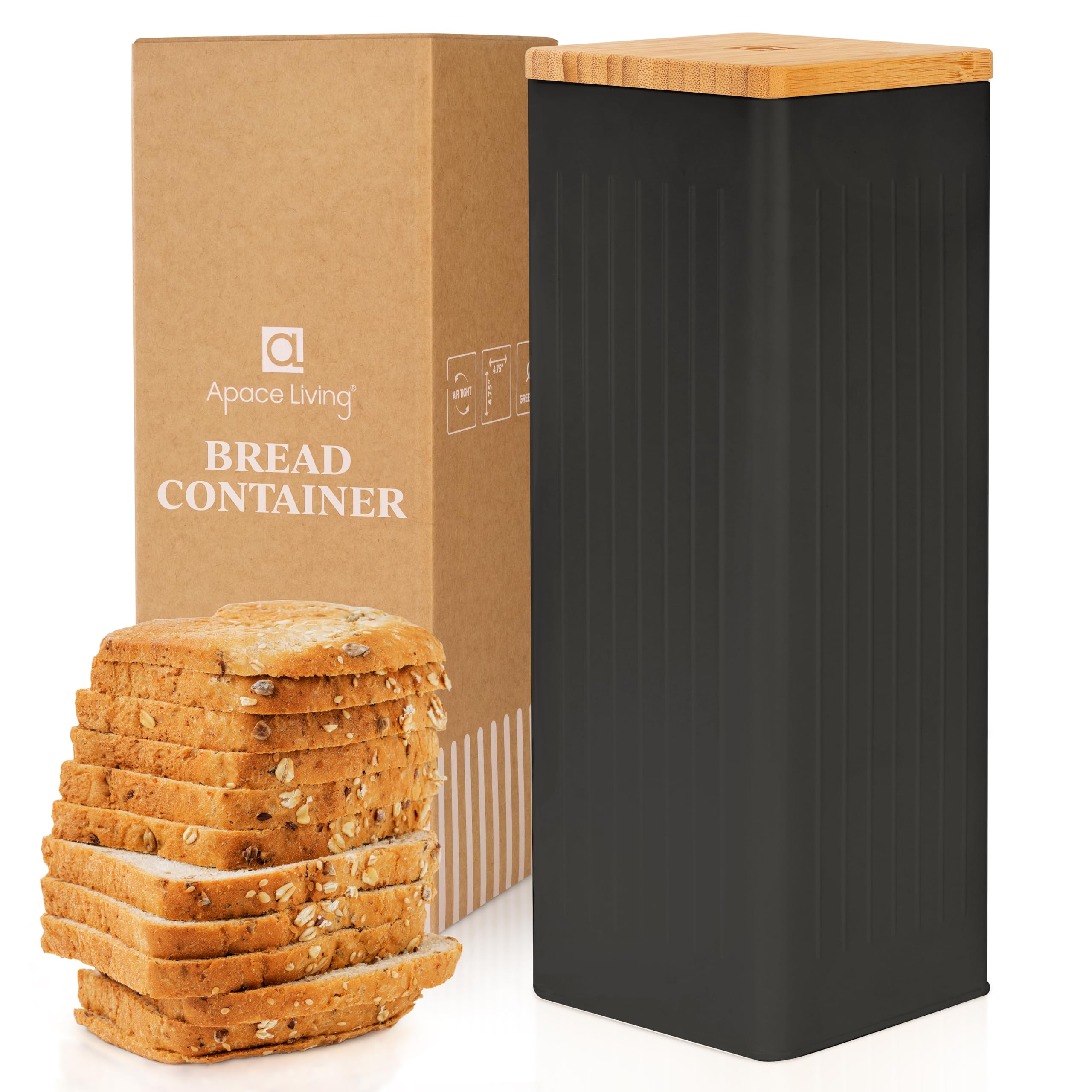Apace Living FRESHSLICE - Panera 2.0 | Panera con tapa hermética | Panera de metal con tapa de bambú para pan casero, 5 litros (negro clásico)