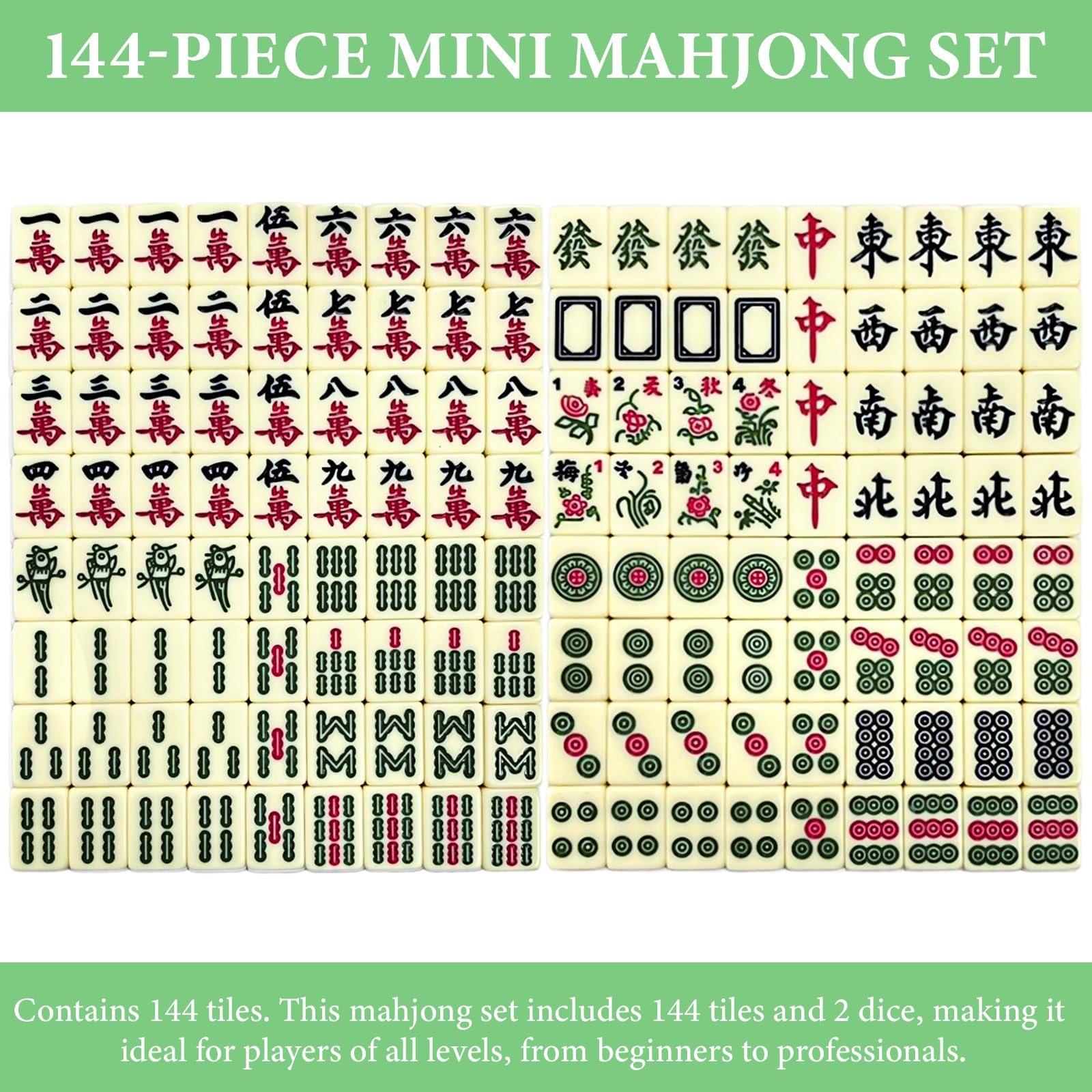 Mini Mahjong Set 24mm, Portable Chinese Mahjong Board Game with 144 Tiles mit 4 Legeschienen Includes 2 Dice, Asiatische Kultur for Family Travel Tabletop Game Board Game