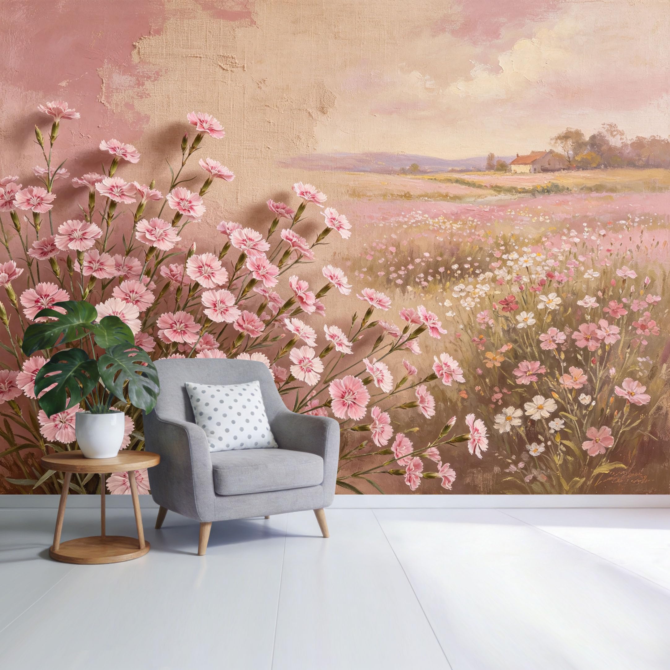 Custom Size Wall Mural Pink Wildflower Meadow Pastel Landscape Oil Painting Style SelfAdhesive Wall Fabric Removable Wallpaper for Home Office Decor