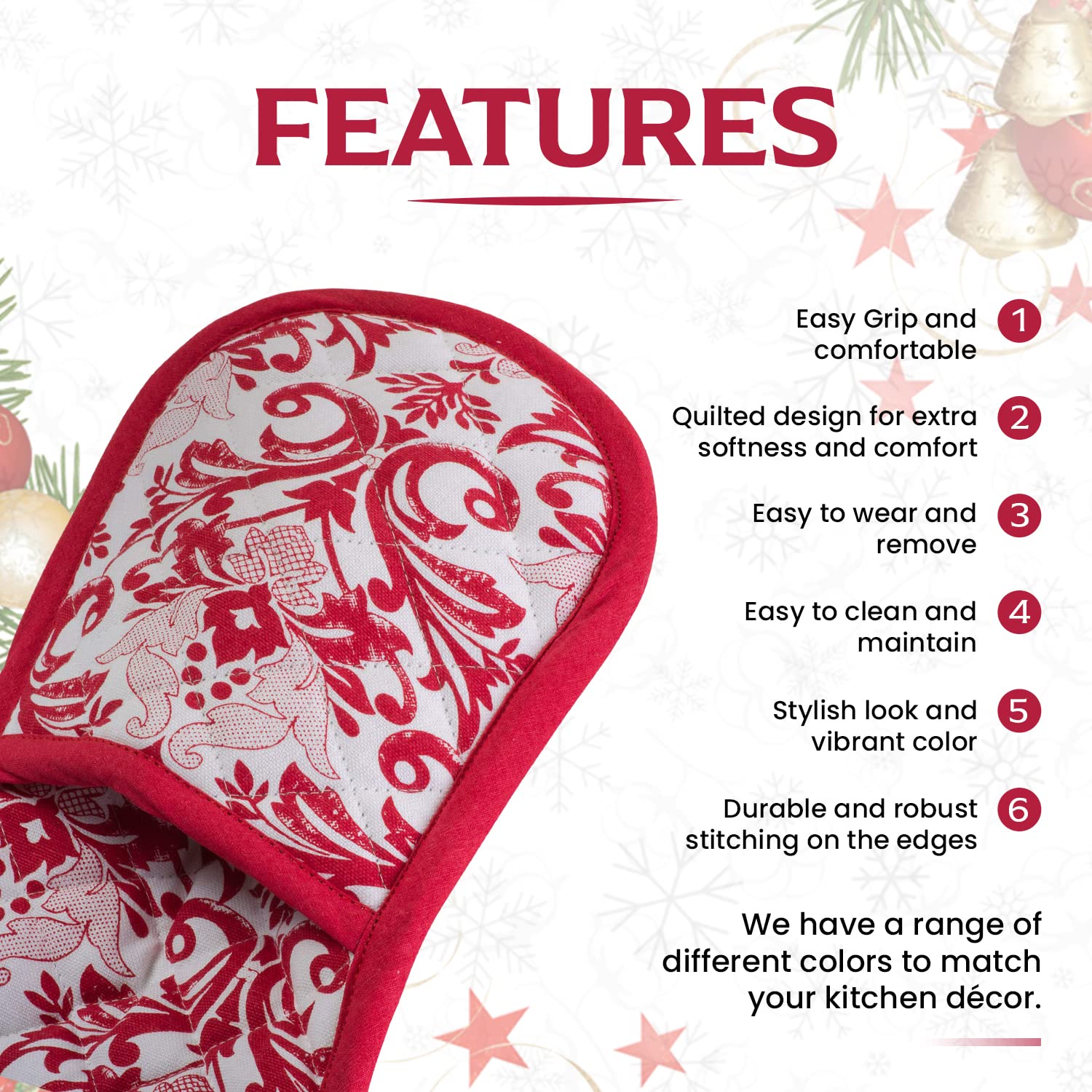 Guantes de horno dobles rojos para cocina, barbacoa, Navidad, extra largos y gruesos, resistentes al calor, paño acolchado adjunto 1 pieza de guantes de horno, 100% algodón, bonito patrón elegante