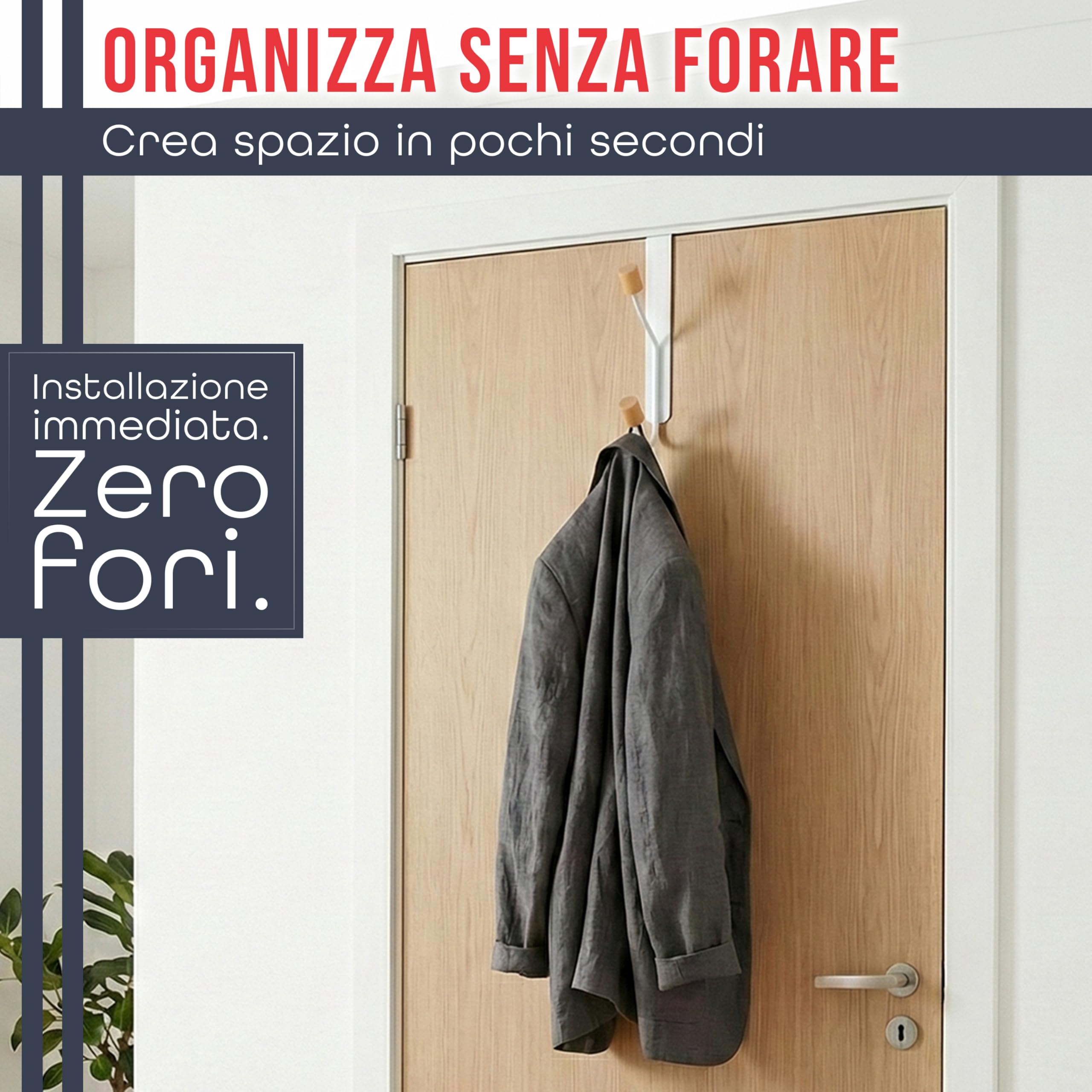 Generico Appendino Porta Abiti da Porta Senza Forare – Set 2 Ganci Appendiabiti con Terminali in Legno