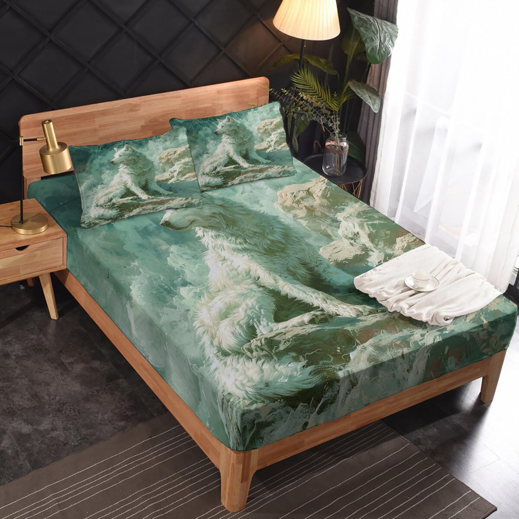 Zvynqour Sheets Set - Wolf Bed Sheets - Wild Animal Deep Pocket Fitted Sheets & Flat Sheets & Pillowcases - Wolf Bedding & Decor - Soft Cosy Microfibe