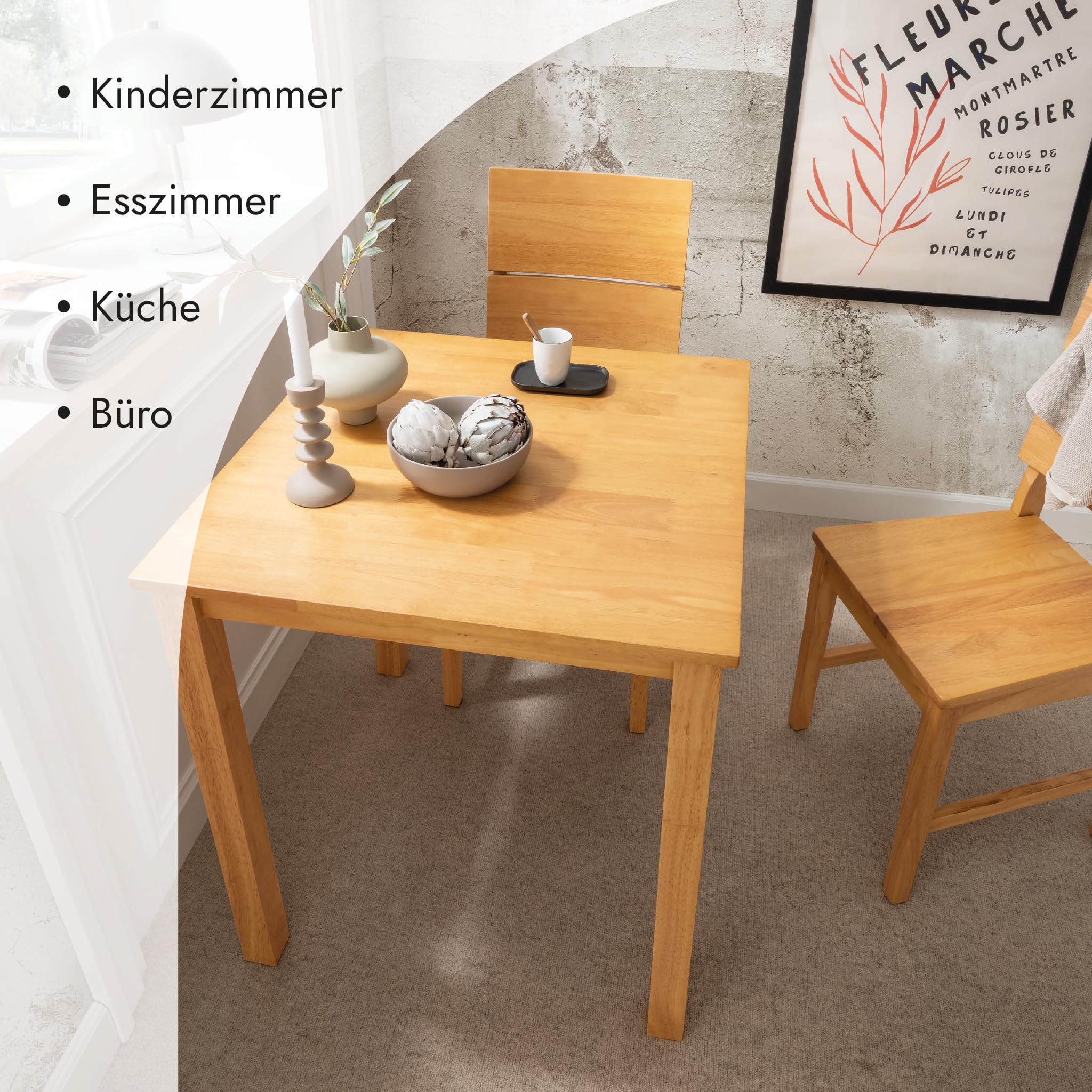 Woodroom Kota Esstisch aus Massivholz 70 x 70 cm, Eiche-Optik, kompakter Tisch für kleine Räume