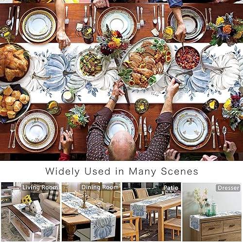 Miniatura 5 de Camino de mesa de otoño de calabaza blanca y azul, caminos de mesa de cosecha de Acción de Gracias, hojas de eucalipto azules, algodón y lino,