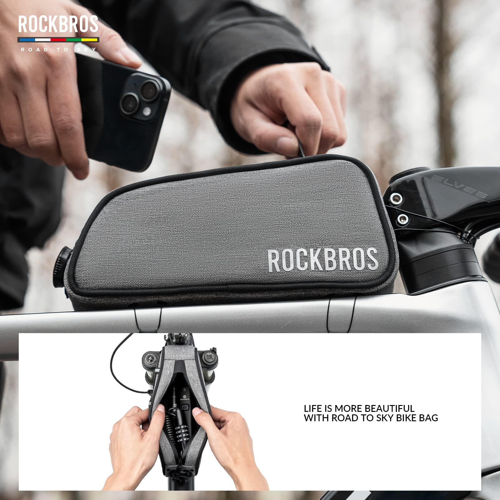Borsa Per Telaio Bici ROCKBROS Road To Sky - Impermeabile 100%, Capacità 1L, Fissaggio A Manopola, Riflettente