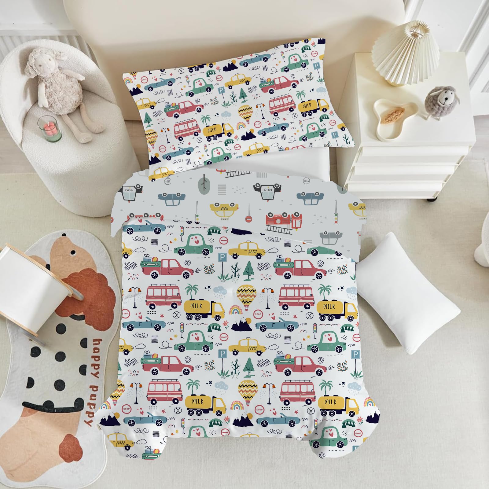 DJDEA Cot Bed Duvet Cover Set, Cartoon Vehicle Reversible Toddler Bedding Set including Zip Closure - Image 2