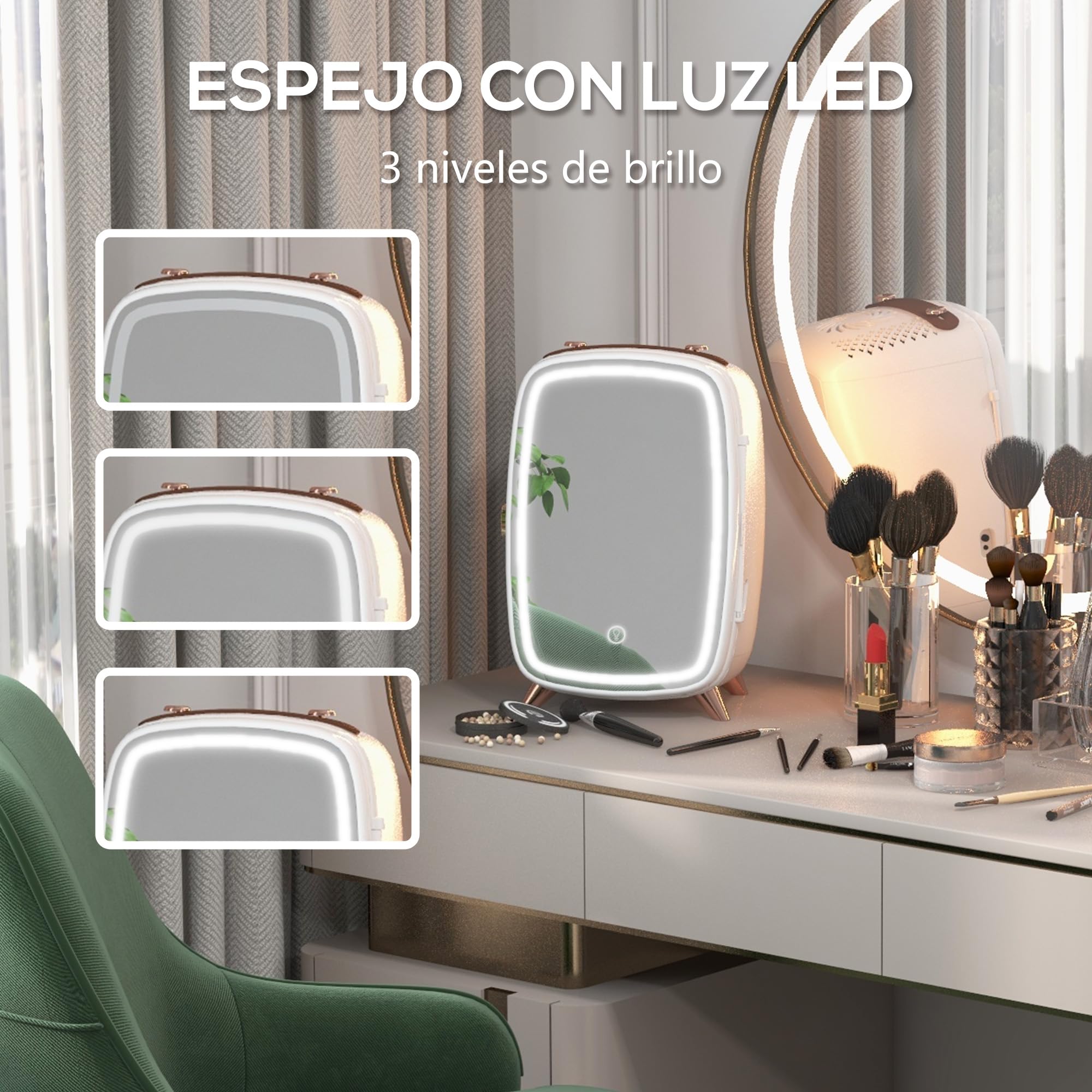 HOMCOM Nevera para Cosméticos 6L Nevera Pequeña 24,3x19,4x35,6 cm Blanco | 9V para Enfriar, Puerta con Espejo, Luces LED Ajustable en 3 Niveles, Mini Frigorífico para Belleza Maquillaje Bebidas