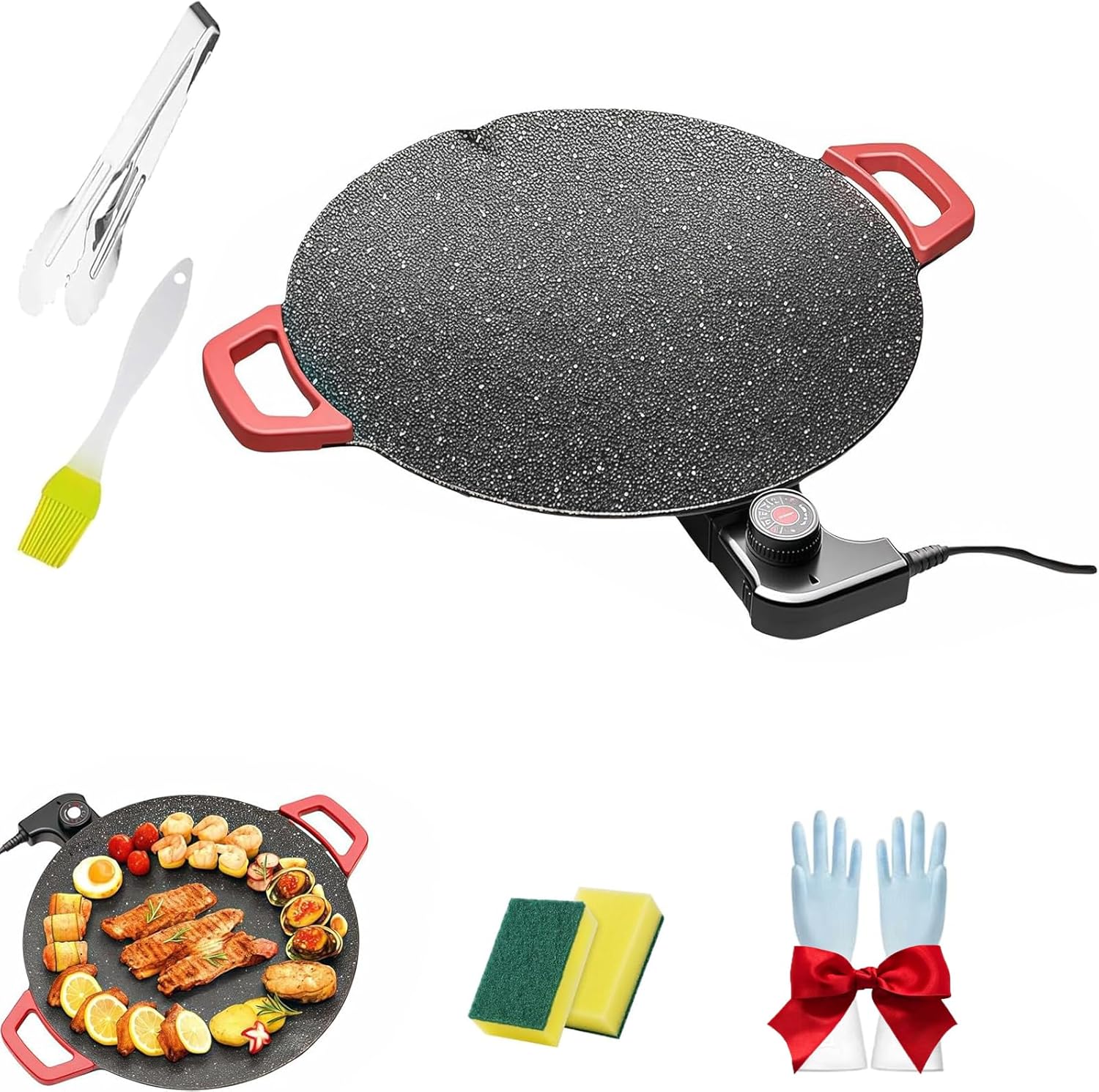 Non-stick Electric Indoor Grill Pan, Compact Smokeless Electric Grill, Multi-functional Round Griddle with Temperature Control, Include Oil Brush and Food Tongs, For Steaks BBQ (36cm)