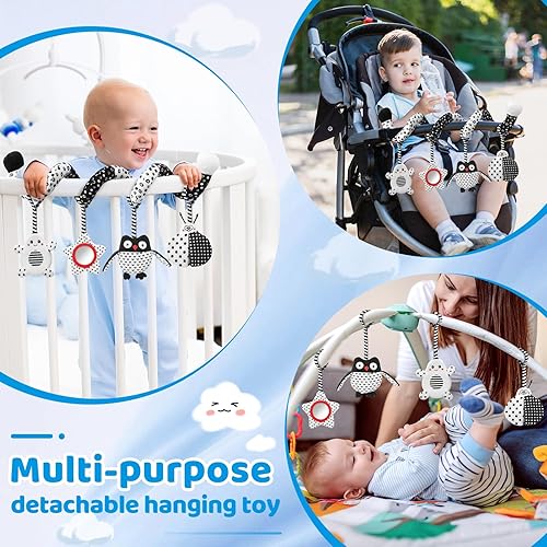 Miniatura 6 de Juguetes para bebés de alto contraste, juguetes colgantes en blanco y negro para asiento de automóvil, cochecito y cuna, esenciales para recién