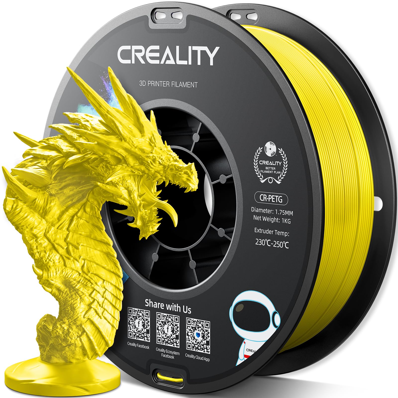 Creality PETG Filament 1.75mm, 3D Printer Filament 1KG(2.2lbs), High Precision, Strong Toughness, Odorless, Better Flow, Dimensional Accuracy +/- 0.02 mm, Moistureproof 3D Printing Filament, Yellow
