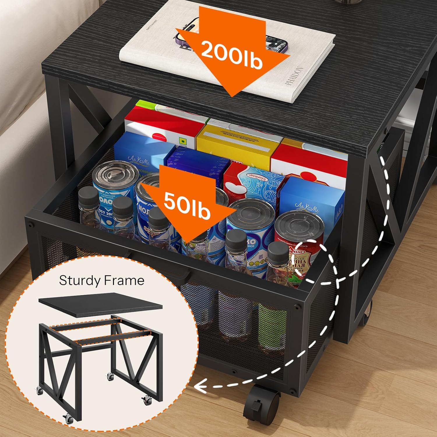 HOOBRO Mini Fridge Stand with Movable Storage Basket, Mini Fridge Cabinet with Wheels, Sturdy Metal Frame, for Home, Office, Dorm, Black BB255TL01