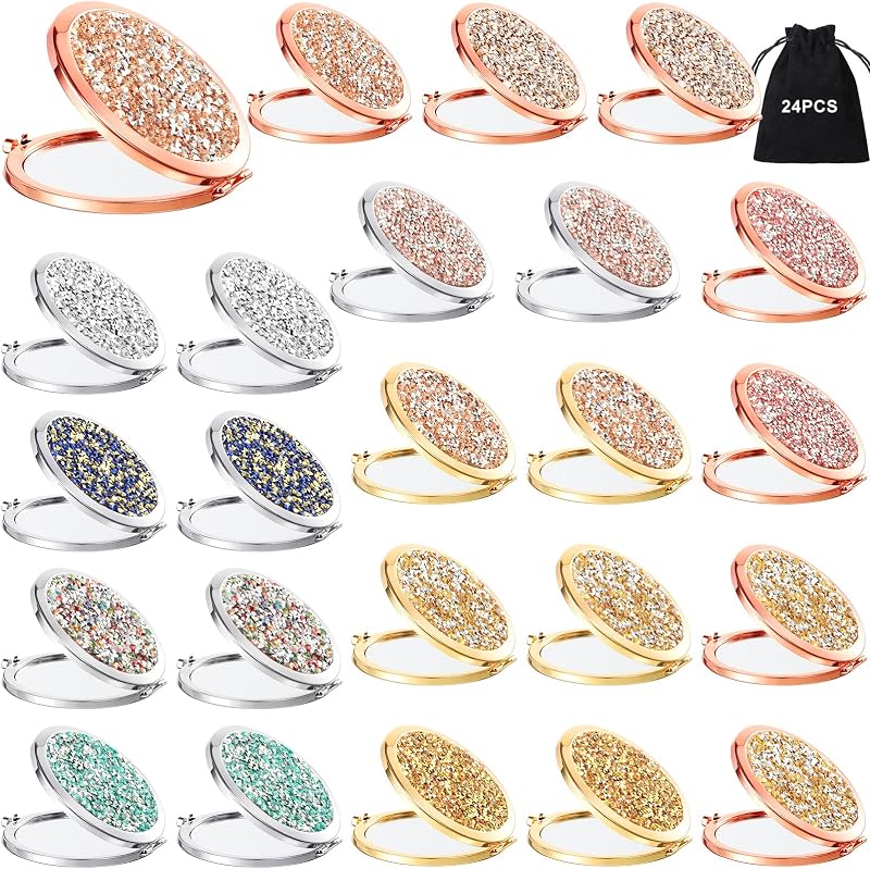 Cindeer 24 Espelhos Compactos Redondos Dobráveis com Aumento 1X/2X, Strass e Cores Sortidas
