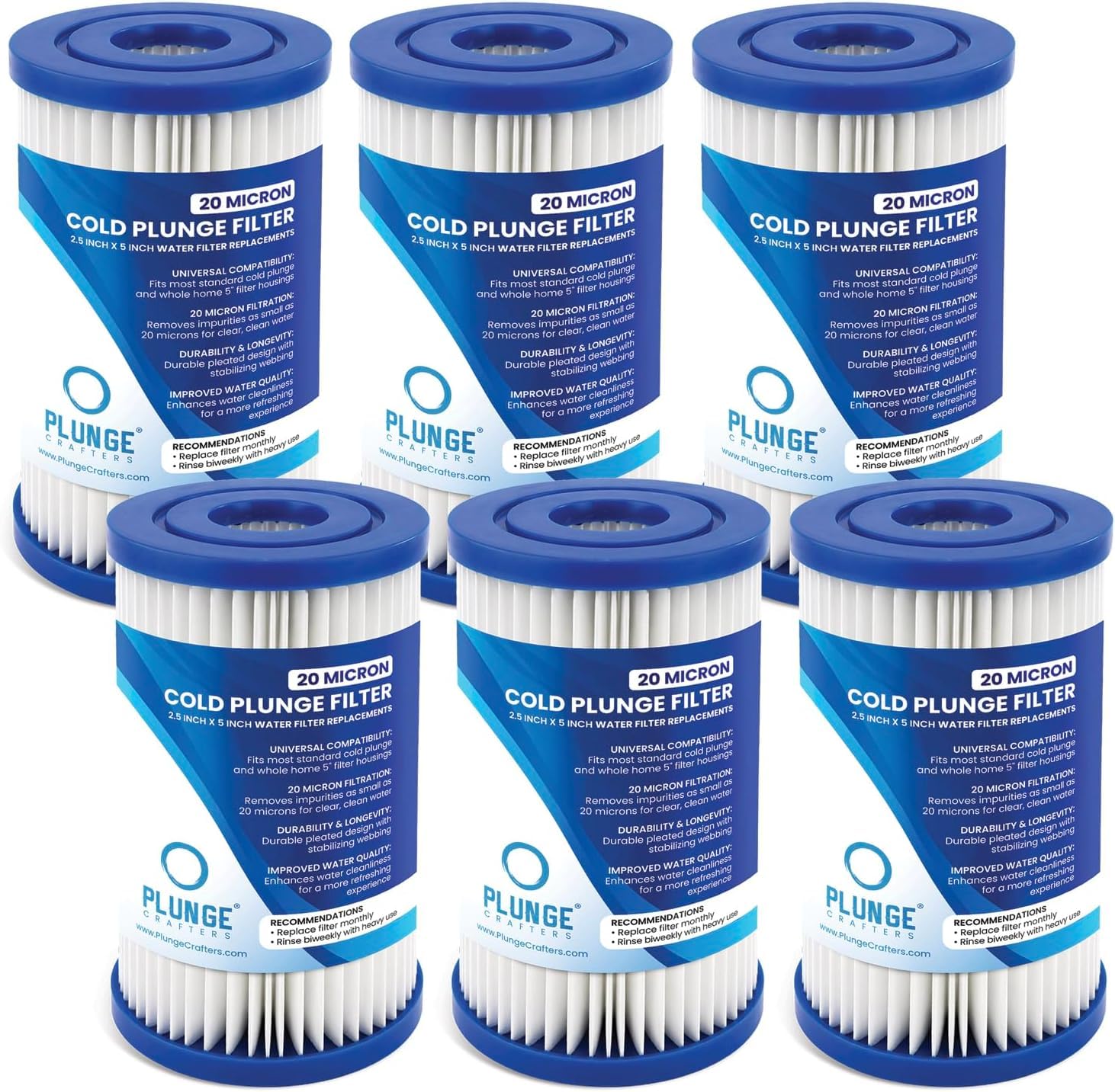 Cartuchos de filtro de agua Cold Plunge, filtros de sedimentos de 20 micras, ajuste universal de 5 pulgadas (2.5 x 5 pulgadas), compatible con enfriadores de inmersión fría y sistemas domésticos