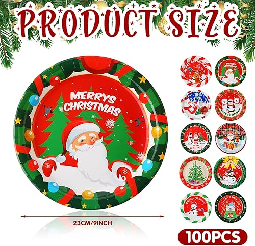 Miniatura 2 de 100 platos de papel de Navidad, redondos, desechables, suministros de fiesta de Navidad con colorido diseño de árbol de Papá Noel, alce, muñeco de