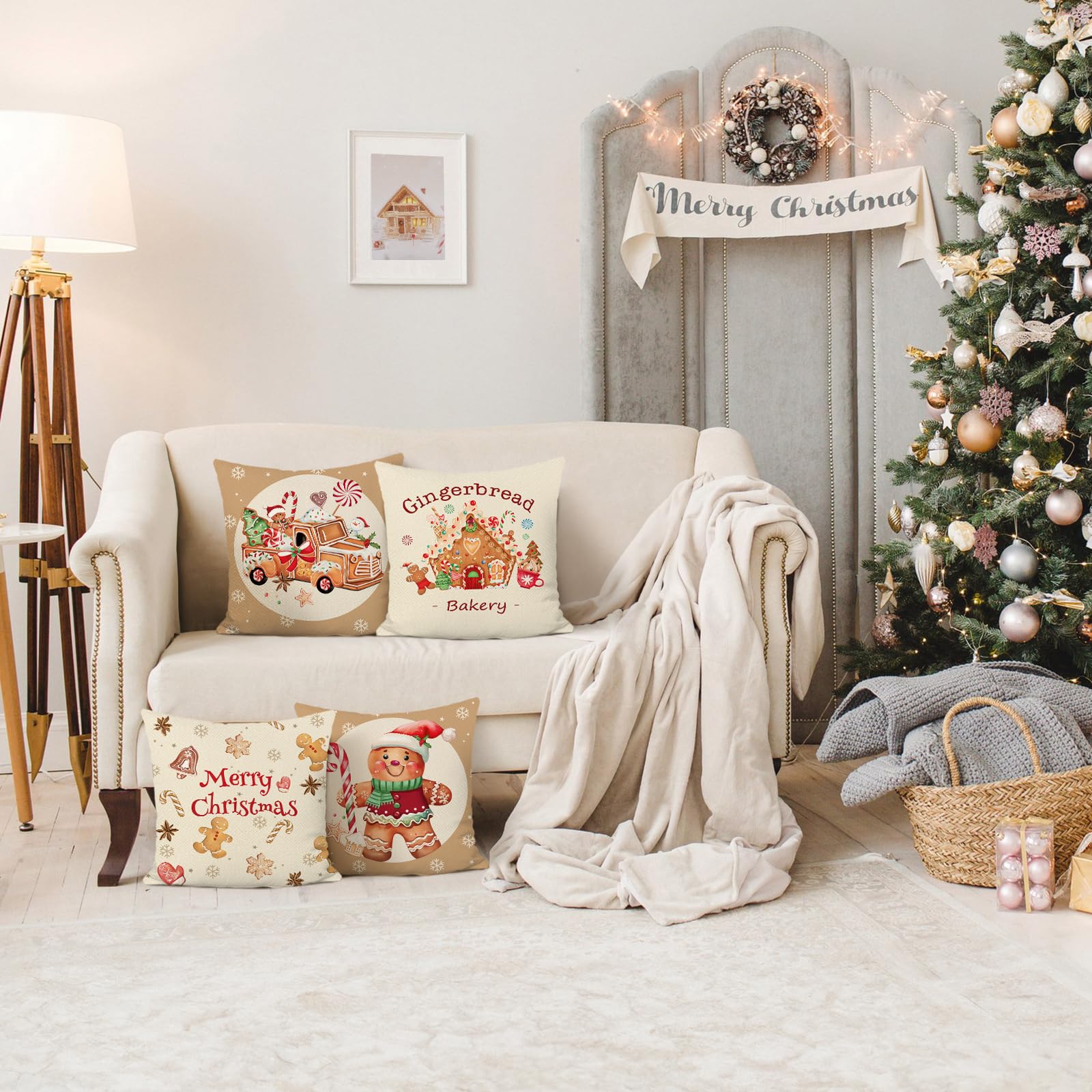 Bonhause Christmas Gingerbread Cushion Covers 45 x 45 cm Man House Truck Xmas Bakery Decorative Throw Pillow Covers Polyester Linen Pillowcases for Sofa Bed Winter Holiday Decor Set of 4 - Image 2