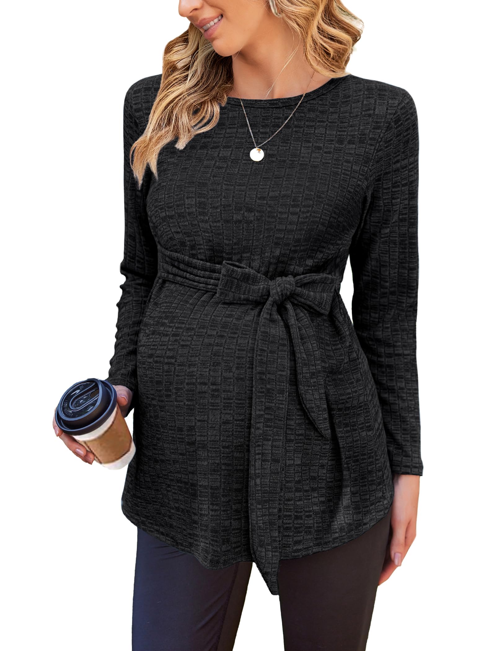 Ekouaer Maternity Shirts Ribbed Long Sleeve Pregnancy Sweater Tops Outfits