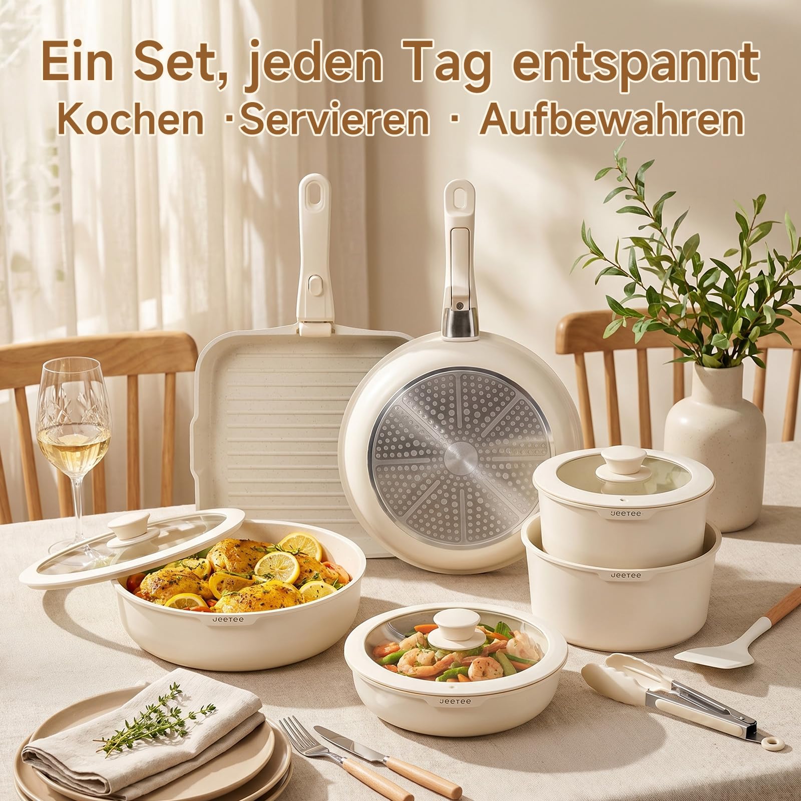 JEETEE Topfset Pfannenset 25-teilig mit abnehmbaren Griffen – Induktionsgeeignet, Antihaft, Stapelbar, Ofenfest, Weiß