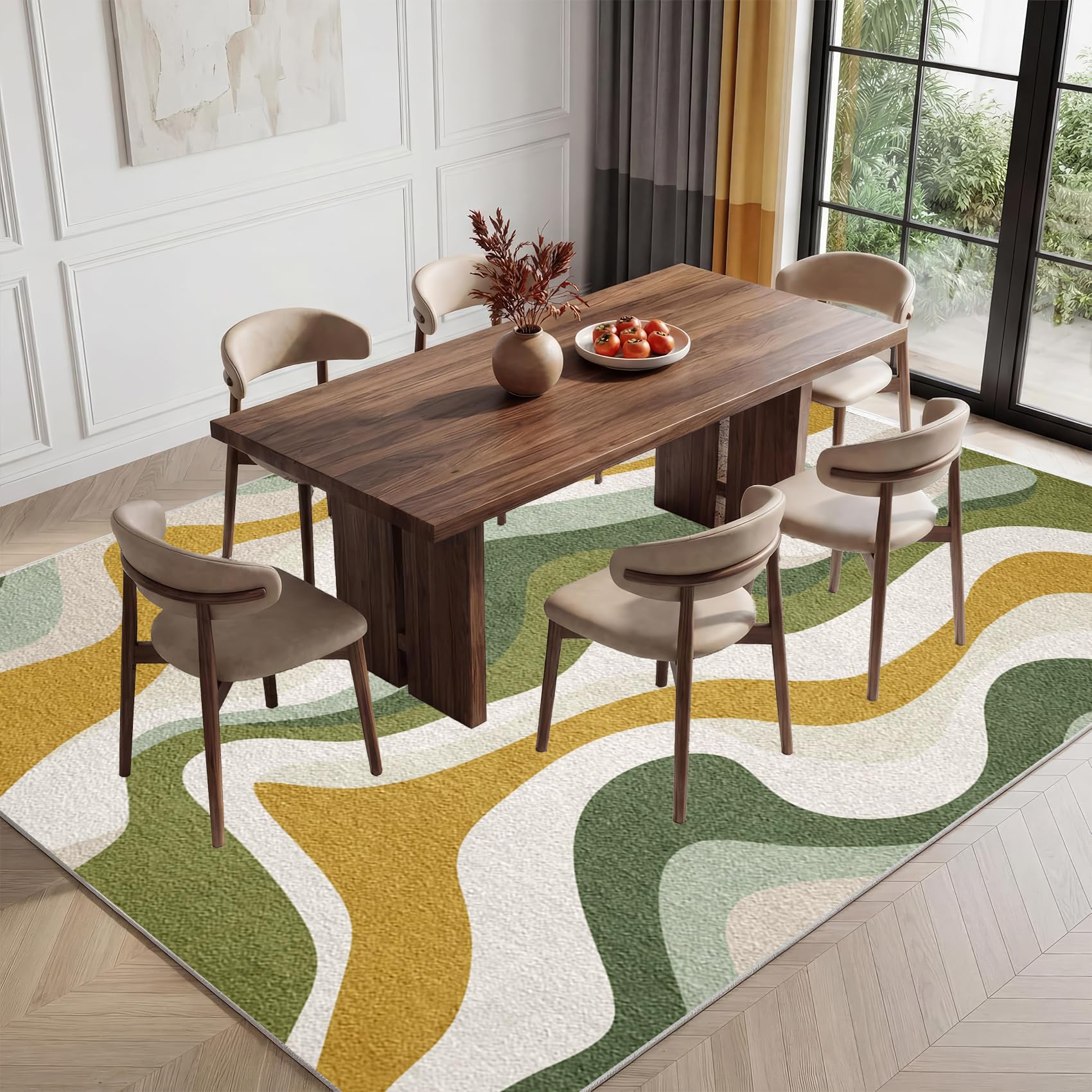 Générique Tapis Salon Vintage 70s Abstrait 140x200 cm, Vague Groovy Retro Tapis Chambre Antidérapant, Jaune Moutarde Vert Sauge Tapis à Poils Ras Lavable pour Bureau Salle à Manger Cuisine R1J192t