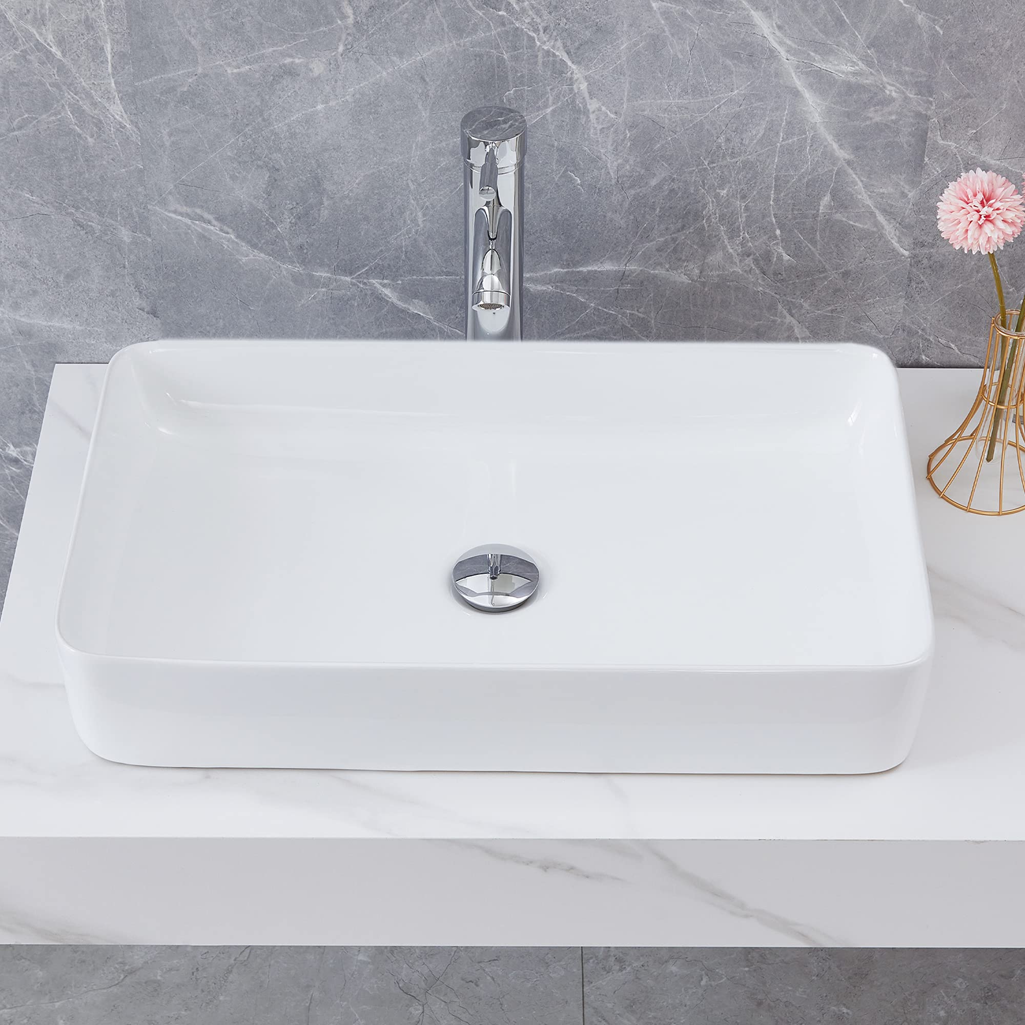DecorVella 24x14x4.3 Inch Bathroom Vessel Sink with Faucet and Pop Up Drain, Rectangle Above Counter White Porcelain Ceramic Bathroom Vessel Vanity Sink Washing Art Basin