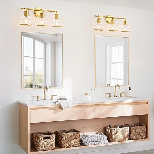 Miniatura 5 de Lámpara de tocador dorada, lámpara de baño sobre espejo, 3 luces, pantalla de vidrio transparente, aplique de pared moderno de 22 pulgadas para