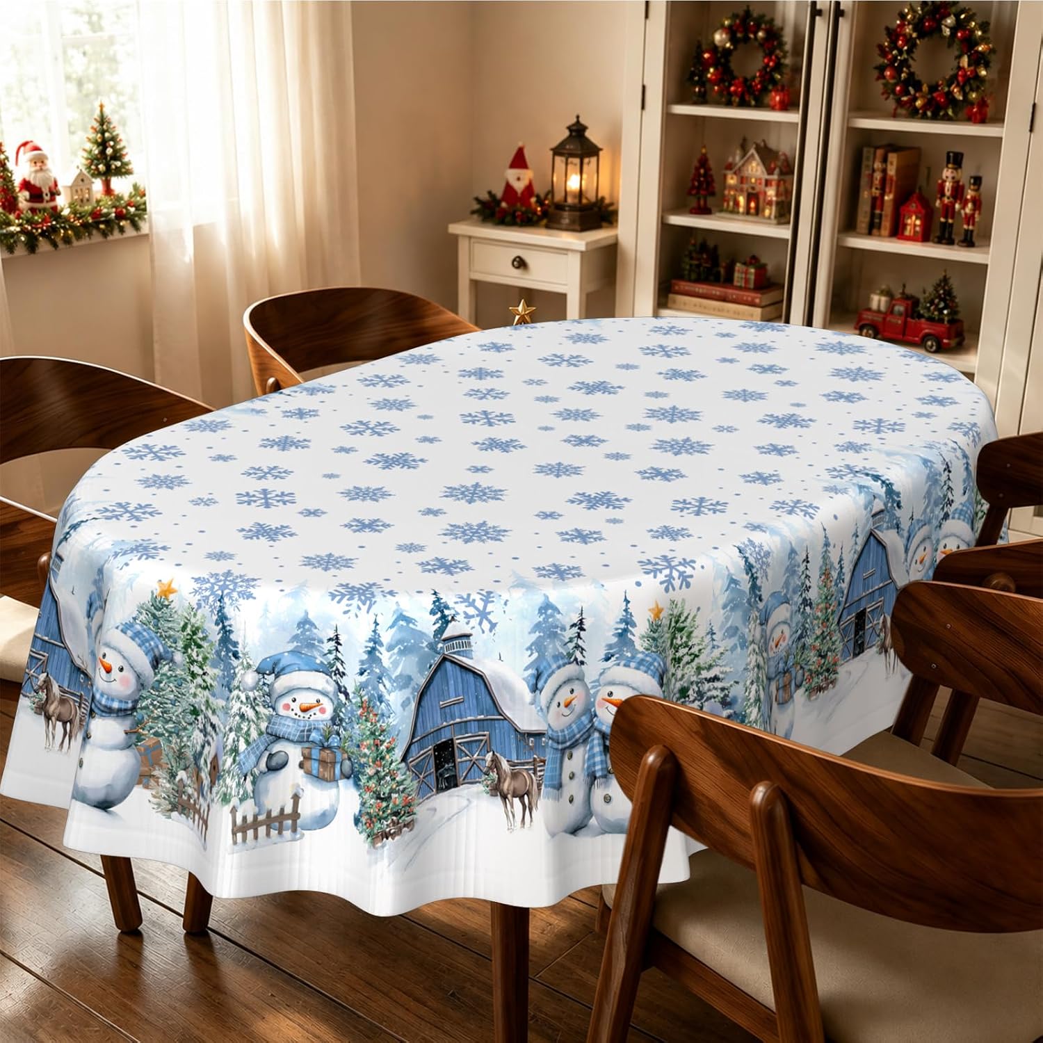Oval Christmas Tablecloth 60x84 Inch, Farmhouse Blue Snowman Snowflake Christmas Table Cloth, Polyester Waterproof Wrinkle Resistant Xmas Table Cover for Holidays Kitchen Dinning Table Home Decor image 2