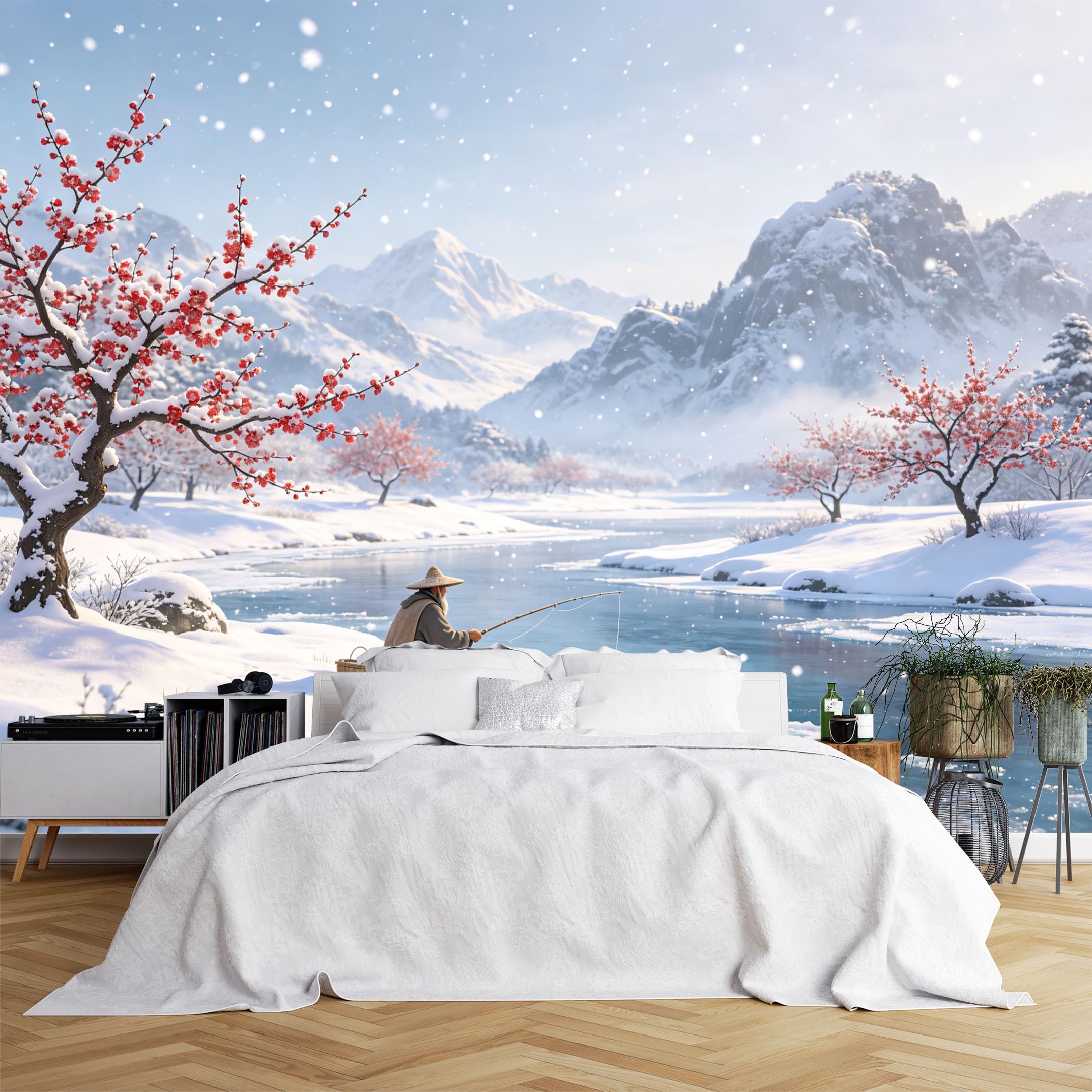 Custom Size Wall Murals Winter Fisherman on Snowy Lake with Plum Blossoms Wall Murals Serene Scenery Wallpaper, Vivid Self-Adhesive Removable Wallpaper for Living Room