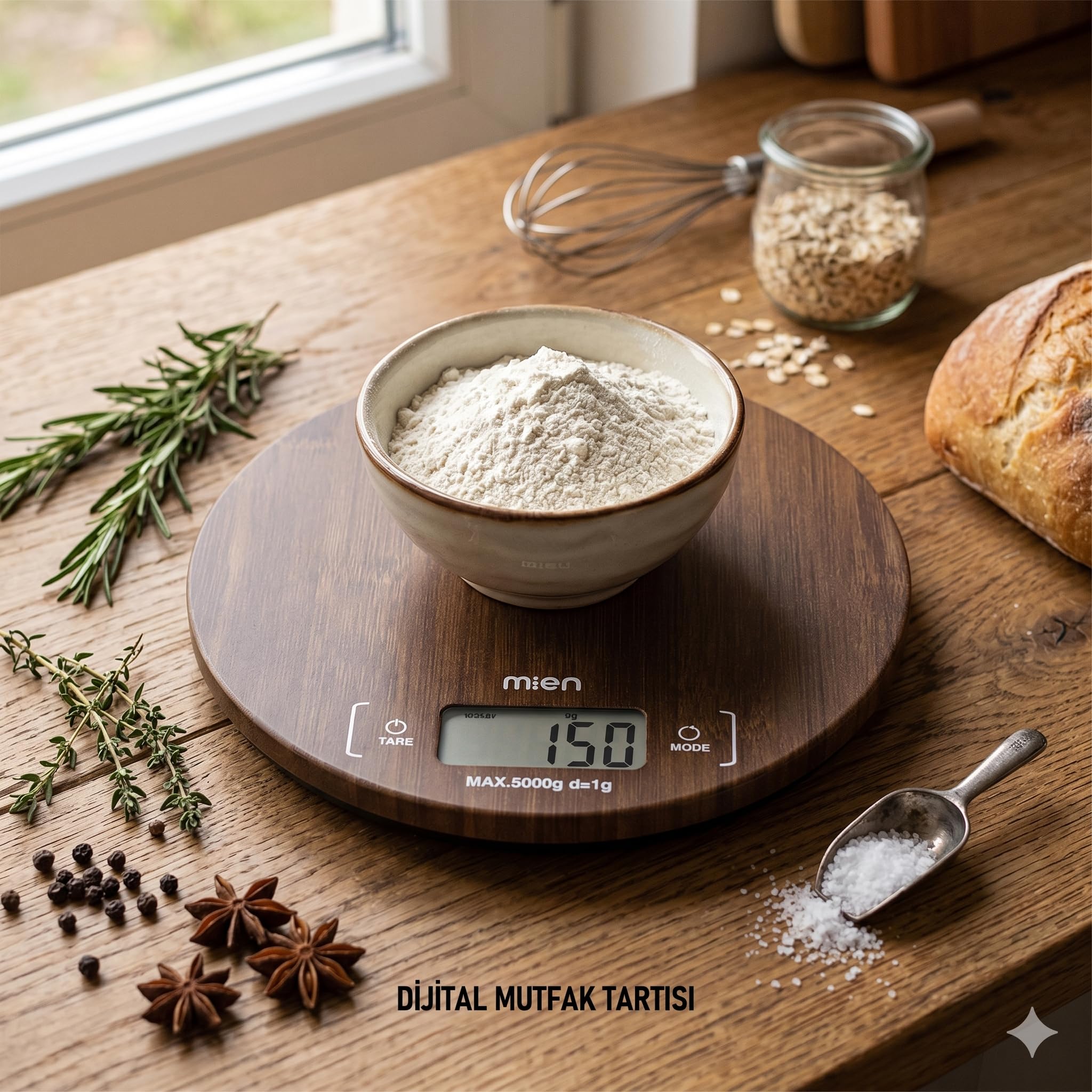 AmberHaus Doğal Akasya Ahşap Dijital Mutfak Terazisi, 5 KG Kapasiteli Hassas Yemek ve Kahve Tartısı, Minimalist Tasarım (Yuvarlak)